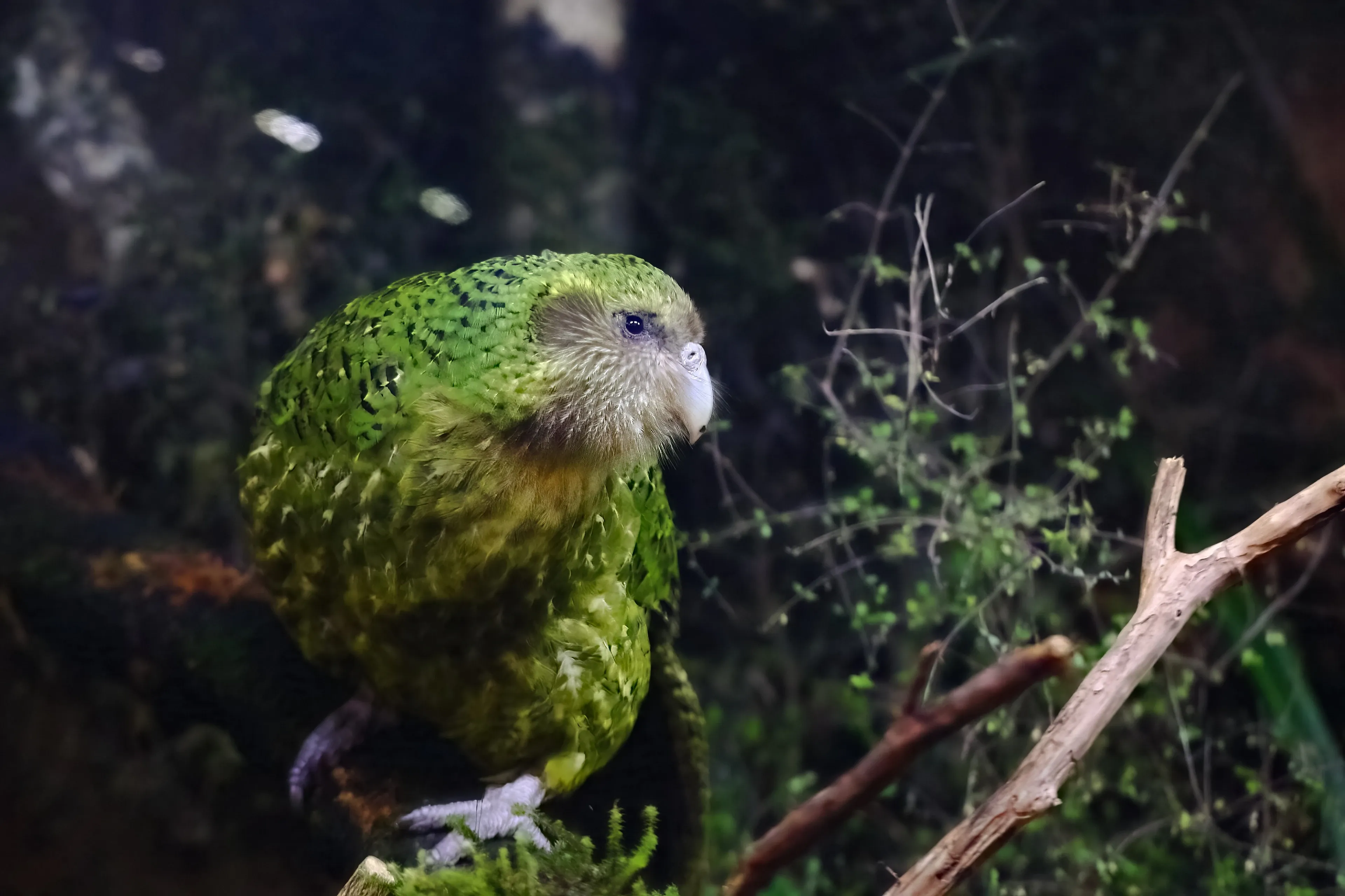 A plump green kākāpō with mossy barred feathers and an owl-like face grips a mossy branch. Its pale hooked beak and big grey claws stand out in the dim forest light.