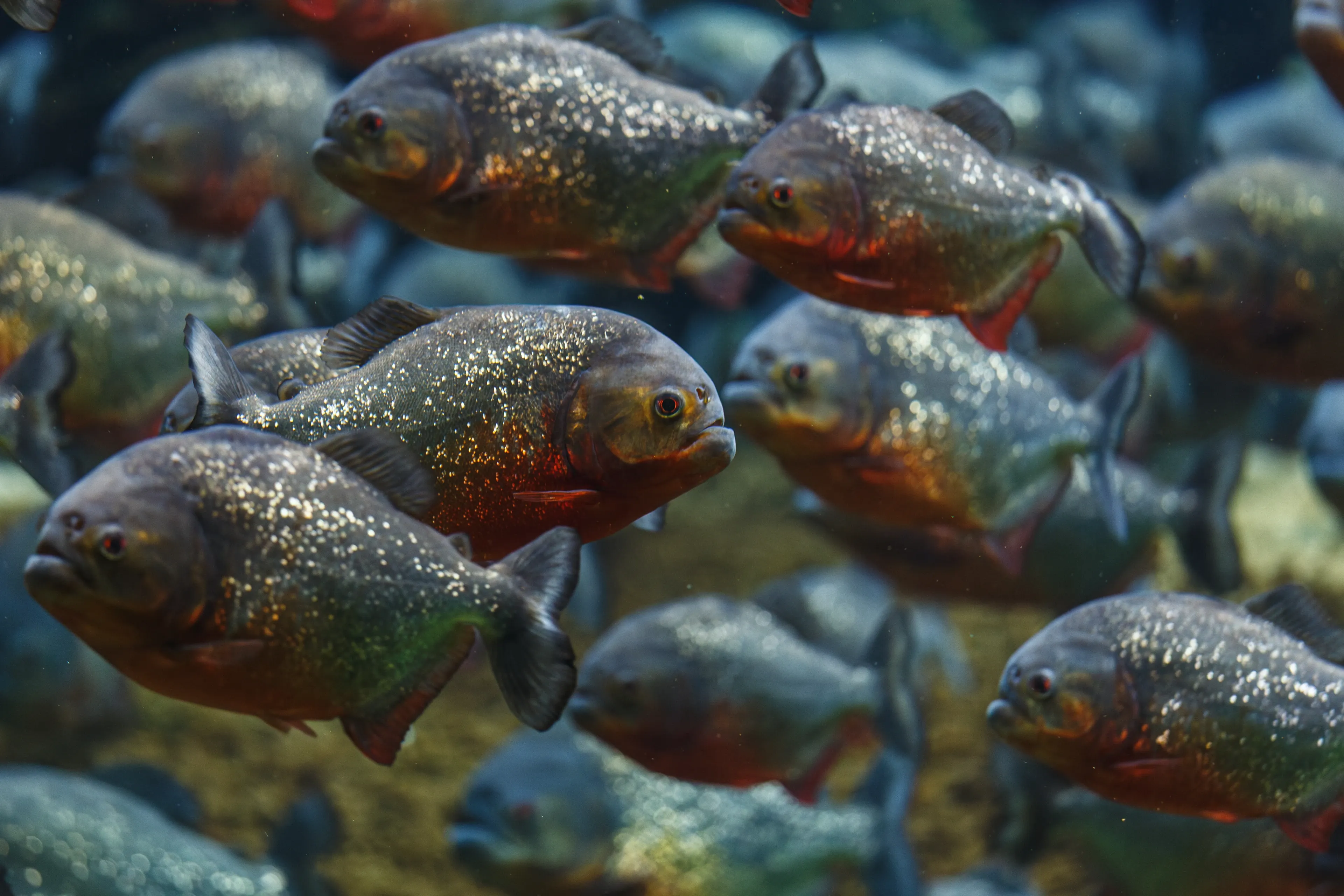 A school of red-bellied piranhas swim together, their scales sparkling gold and their red bellies glowing in the dark water.