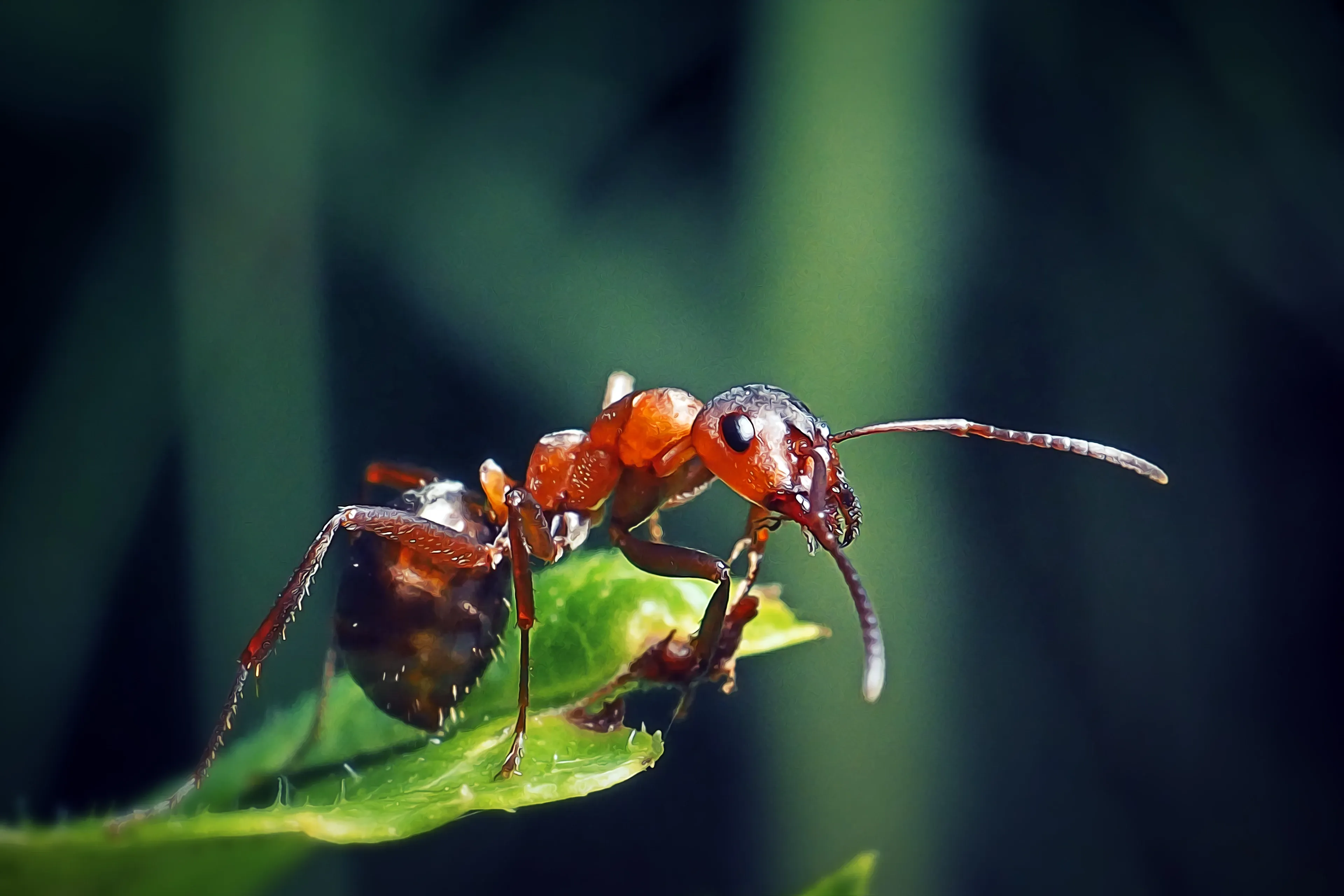 A leafcutter ant stands on the jagged edge of a green leaf, reaching forward with its long feelers.