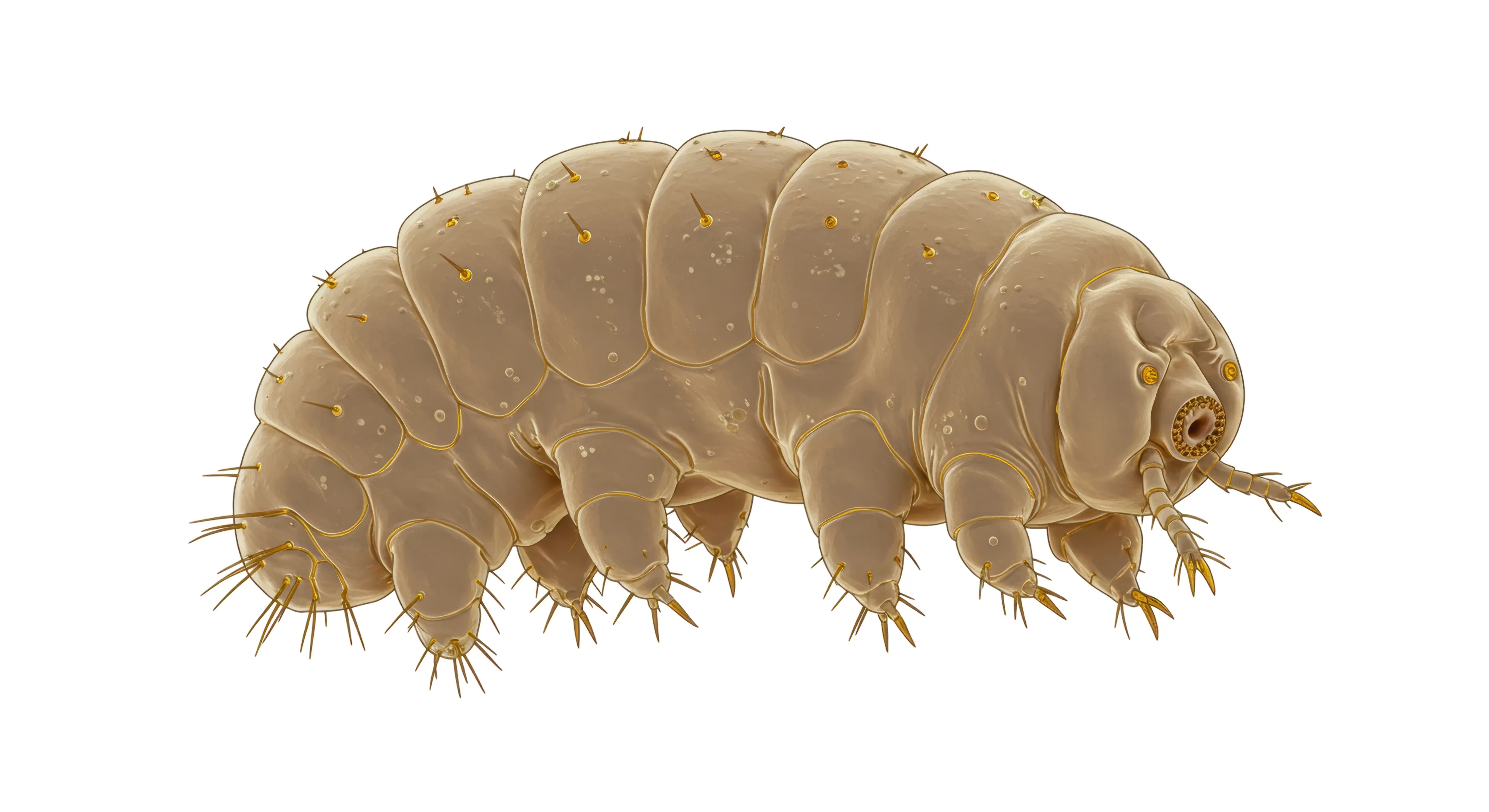 A plump tan tardigrade crawls along with eight stubby legs and tiny claws. A small puckered mouth and two dark eyespots sit at the front of its segmented body.