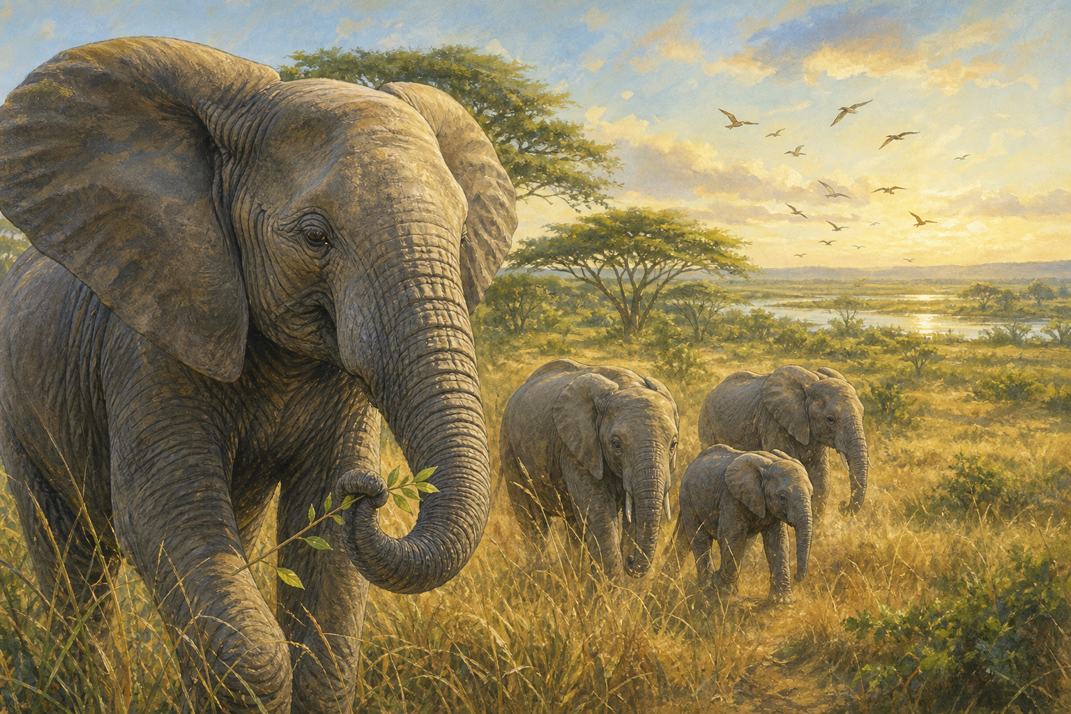 An editorial illustration celebrating the life and habitat of the african elephant.