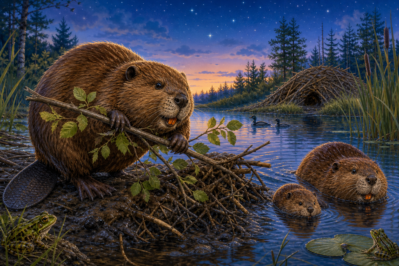 An editorial illustration celebrating the life and habitat of the beaver.