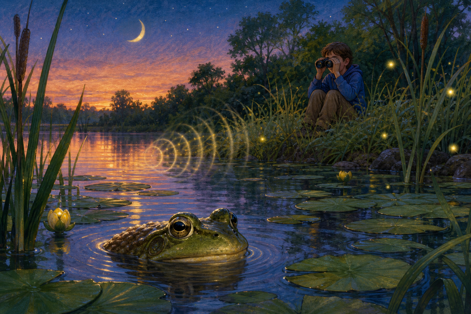 An editorial illustration celebrating the life and habitat of the bullfrog.