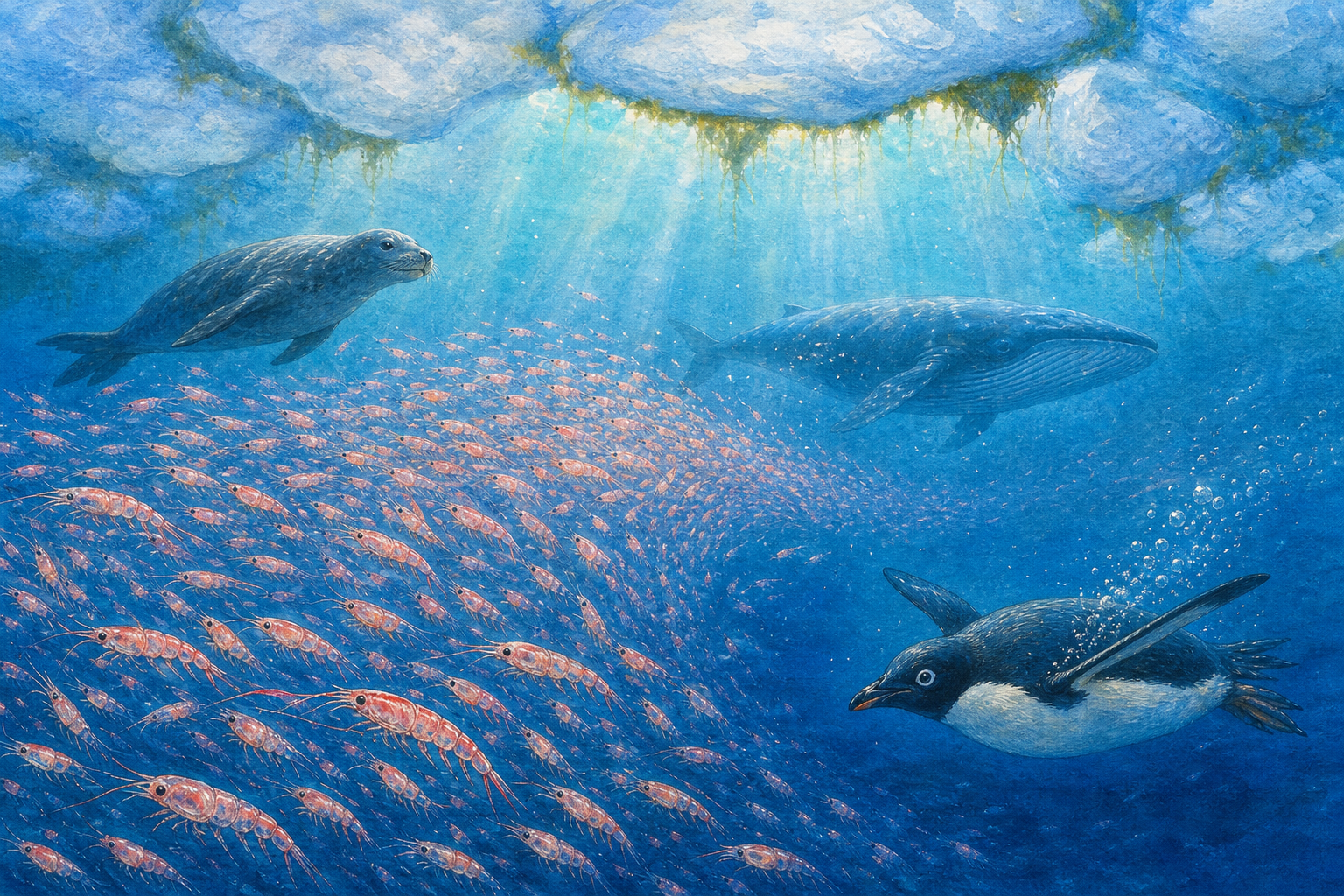 An editorial illustration celebrating the life and habitat of the antarctic krill.