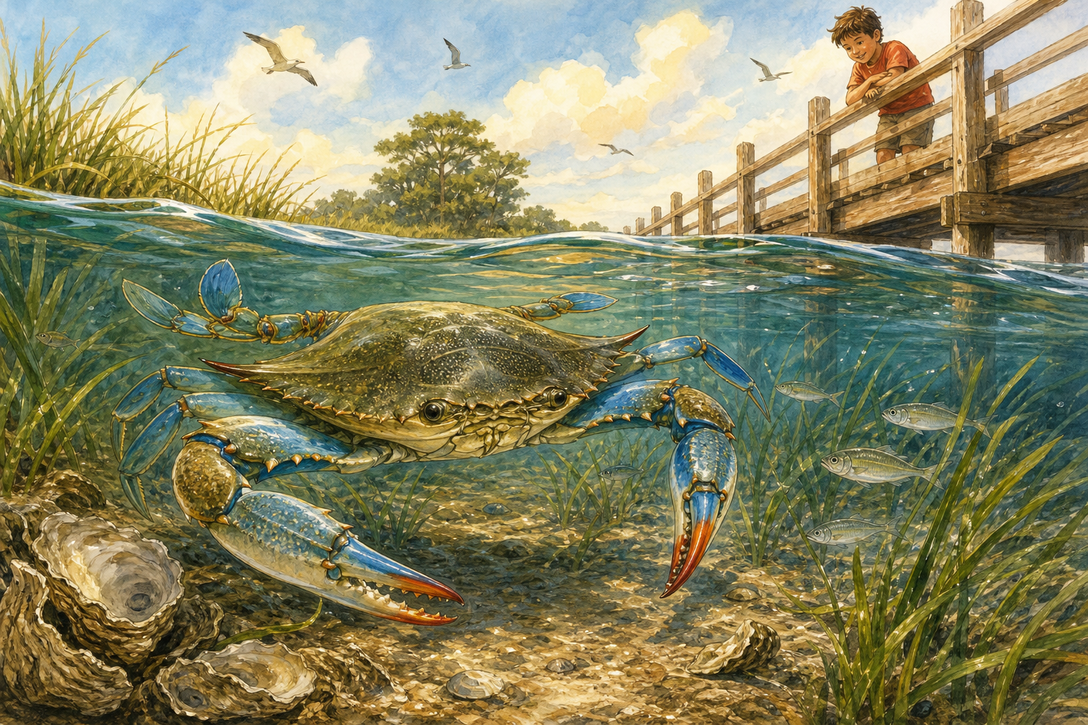 An editorial illustration celebrating the life and habitat of the atlantic blue crab.