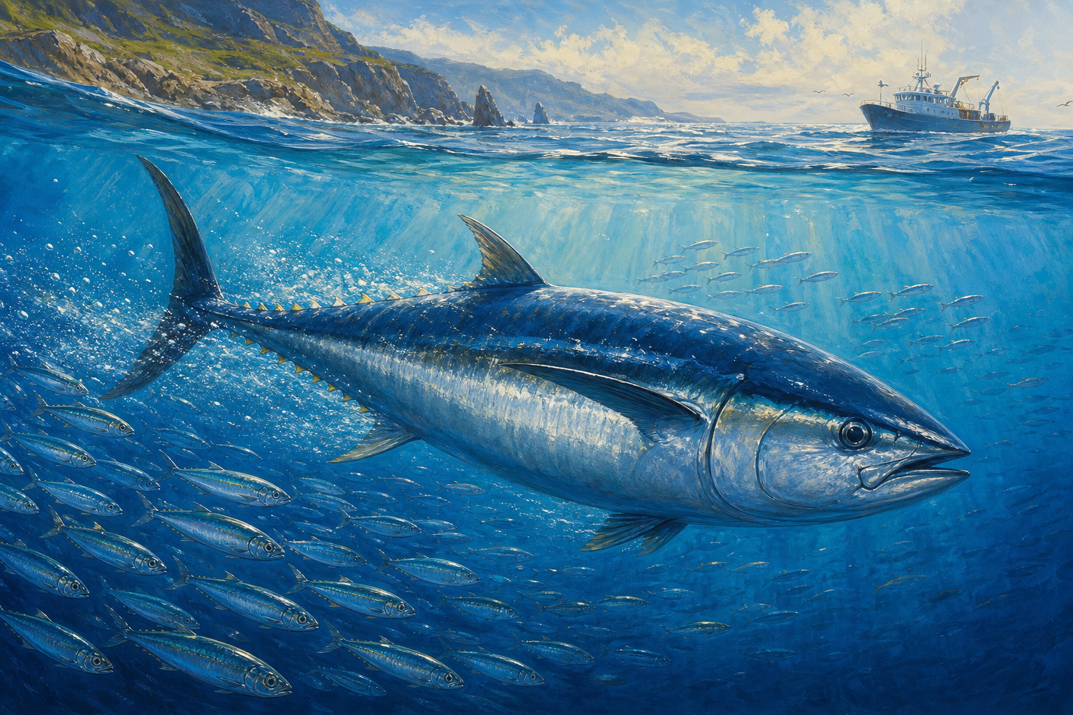 An editorial illustration celebrating the life and habitat of the atlantic bluefin tuna.