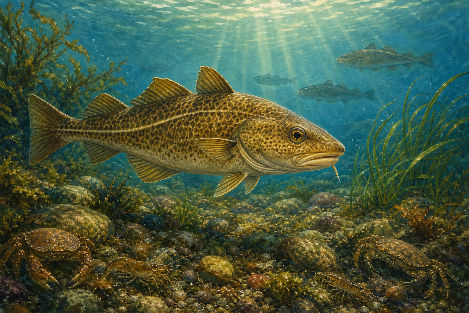 An editorial illustration celebrating the life and habitat of the atlantic cod.