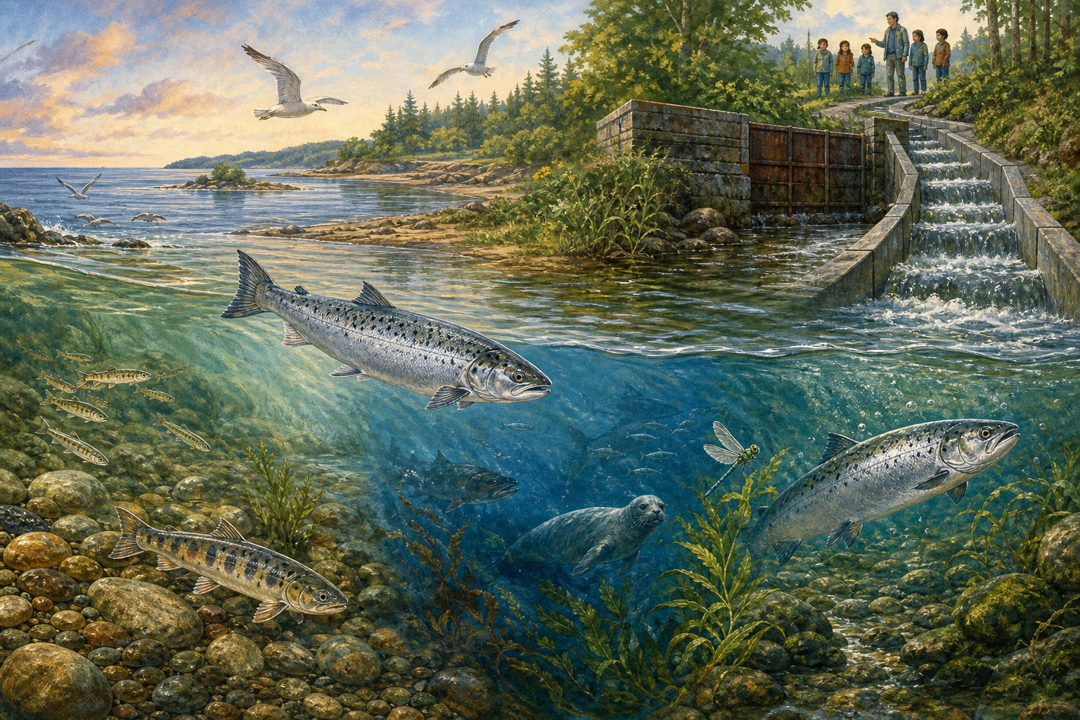 An editorial illustration celebrating the life and habitat of the atlantic salmon.