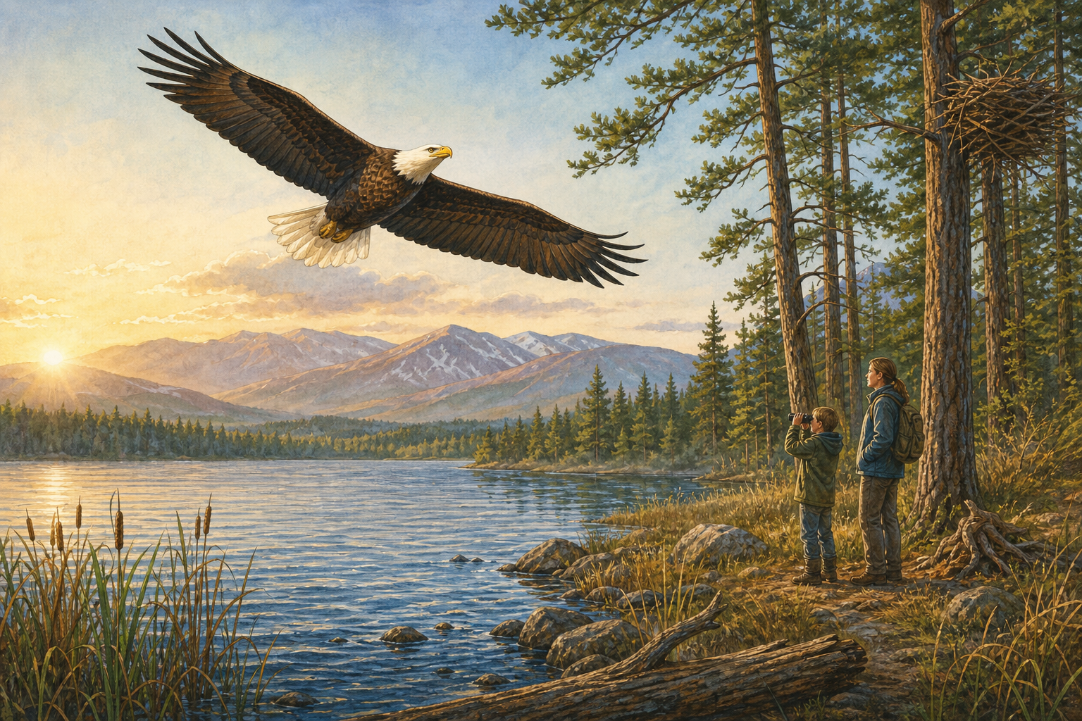 An editorial illustration celebrating the life and habitat of the bald eagle.