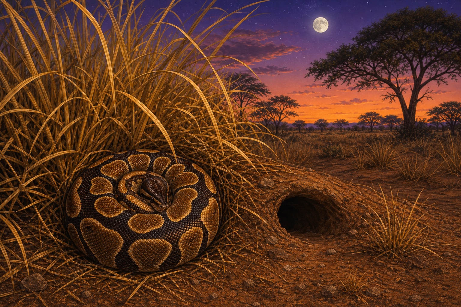 An editorial illustration celebrating the life and habitat of the ball python.