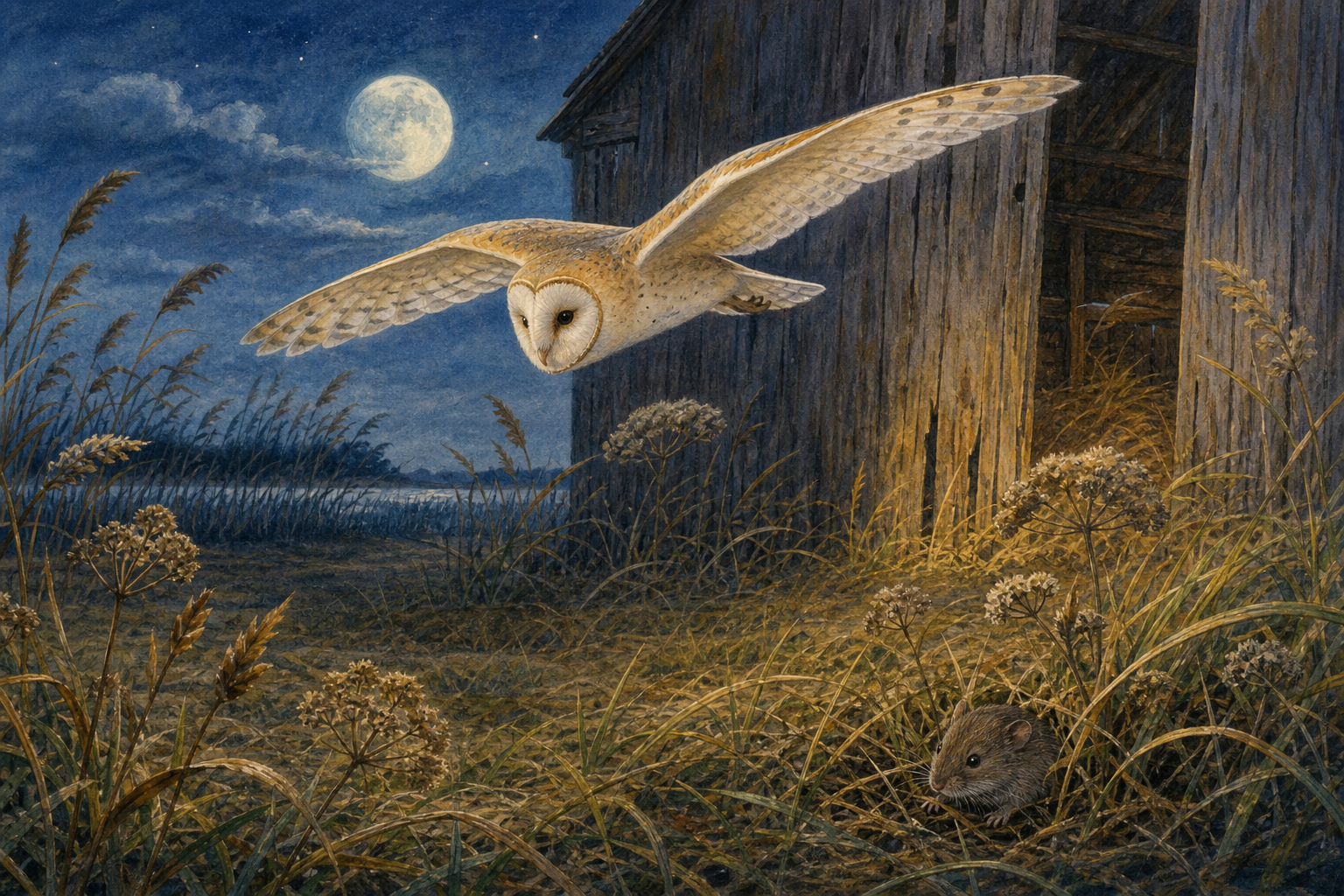An editorial illustration celebrating the life and habitat of the barn owl.