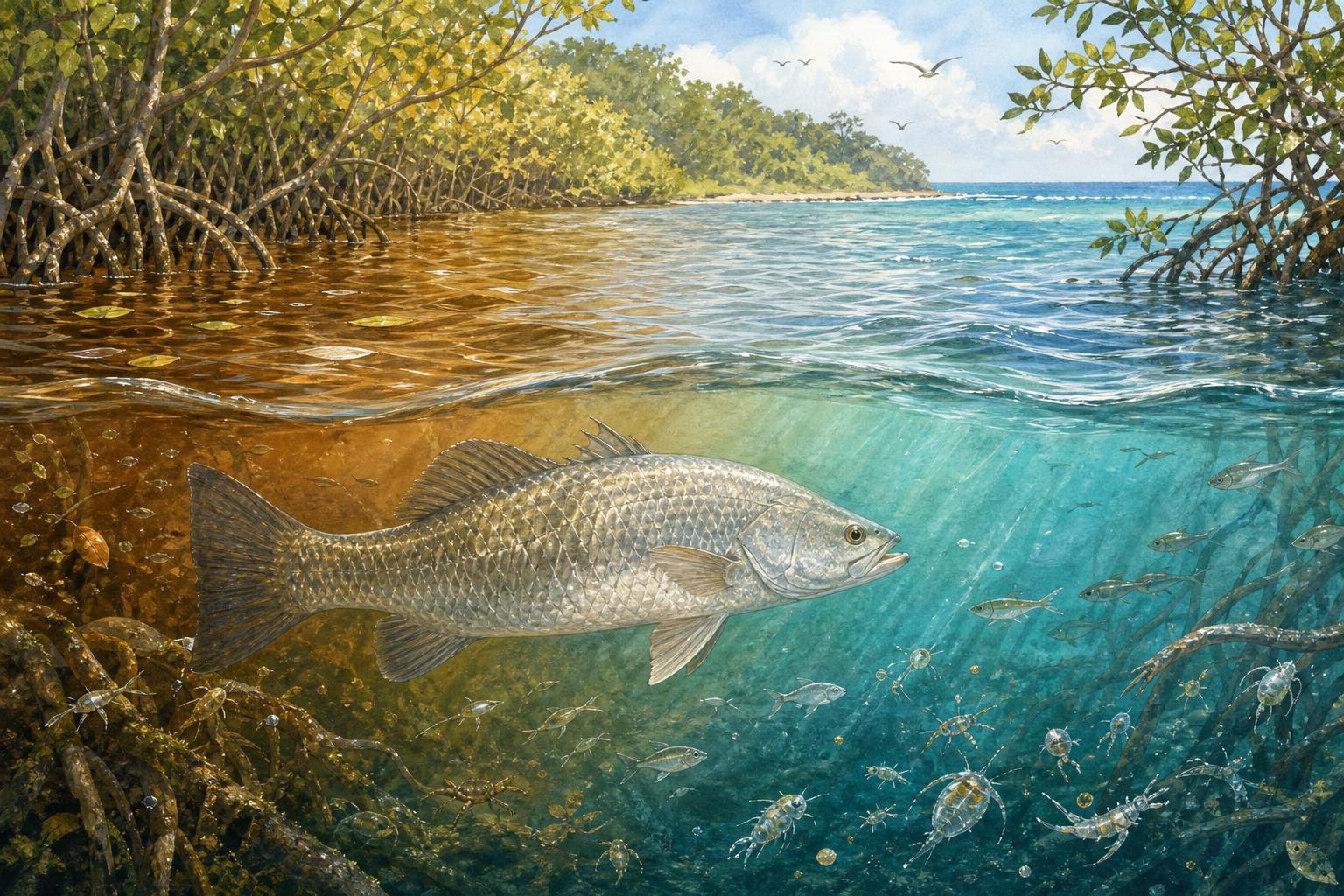 An editorial illustration celebrating the life and habitat of the barramundi.