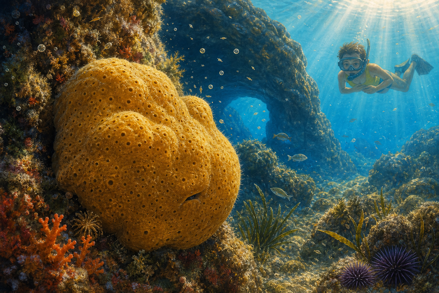 An editorial illustration celebrating the life and habitat of the bath sponge.