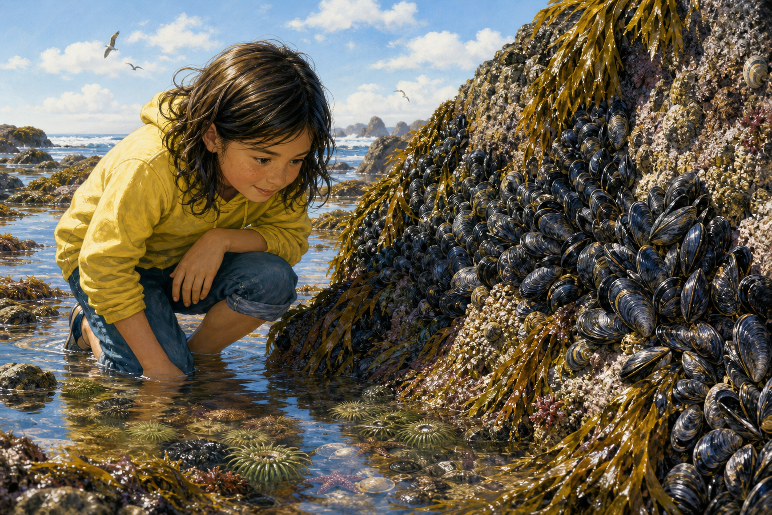 An editorial illustration celebrating the life and habitat of the blue mussel.