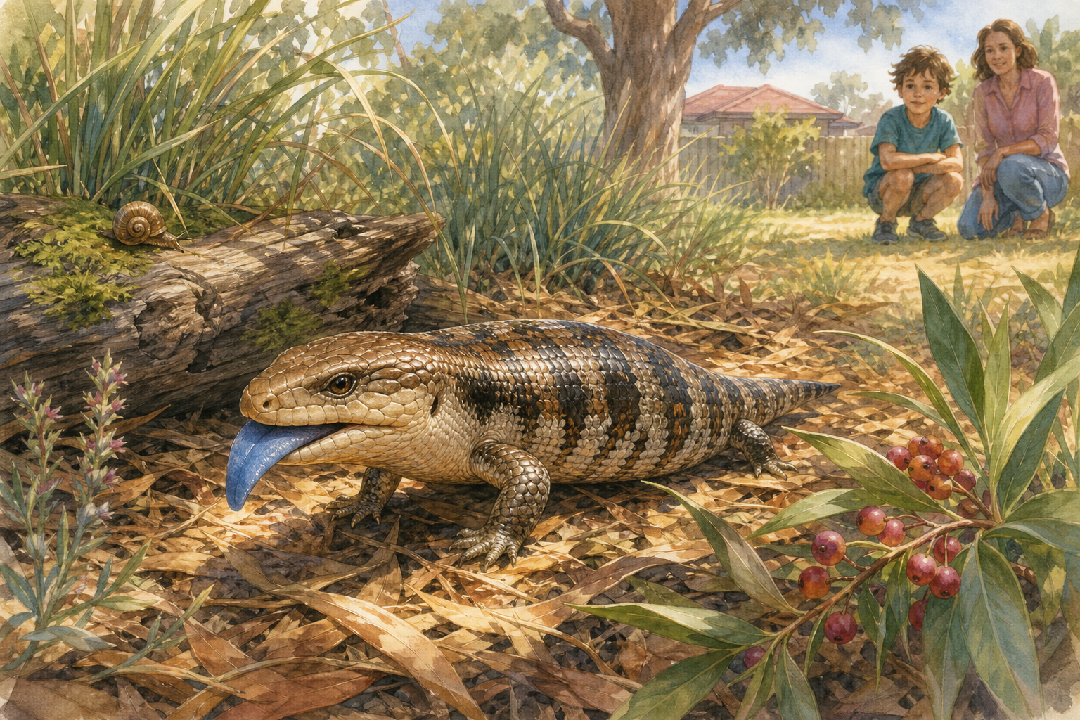 An editorial illustration celebrating the life and habitat of the blue-tongued skink.