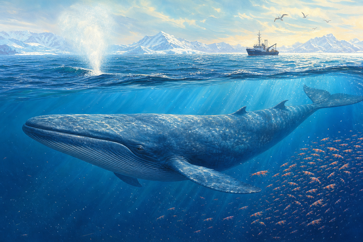 An editorial illustration celebrating the life and habitat of the blue whale.