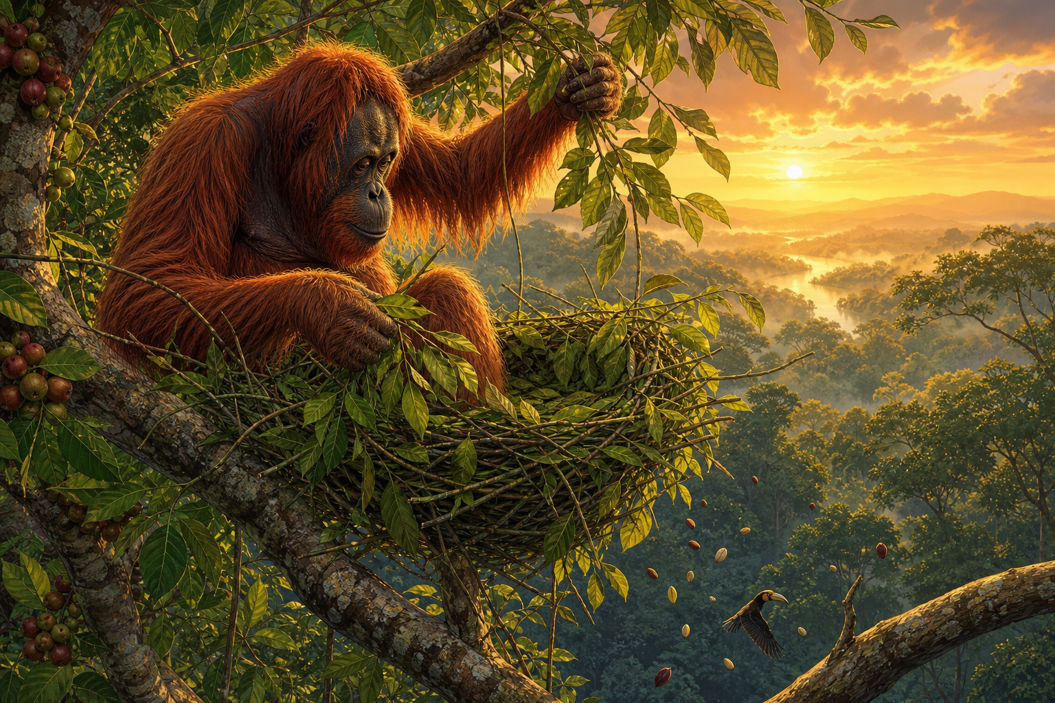 An editorial illustration celebrating the life and habitat of the bornean orangutan.