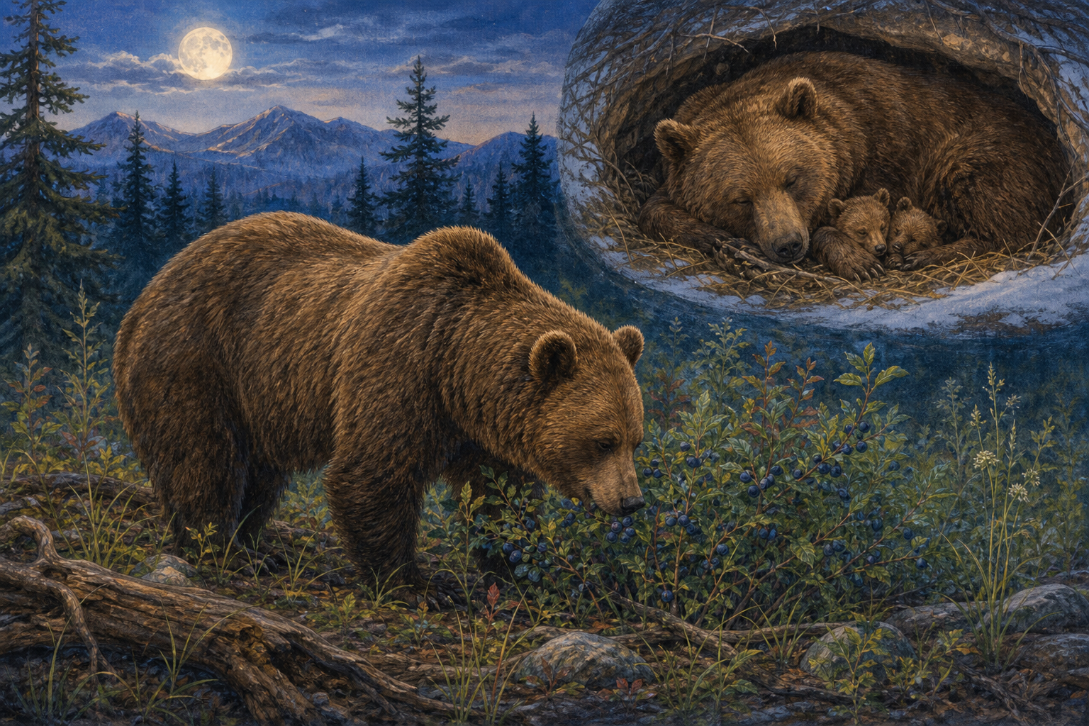 An editorial illustration celebrating the life and habitat of the brown bear.
