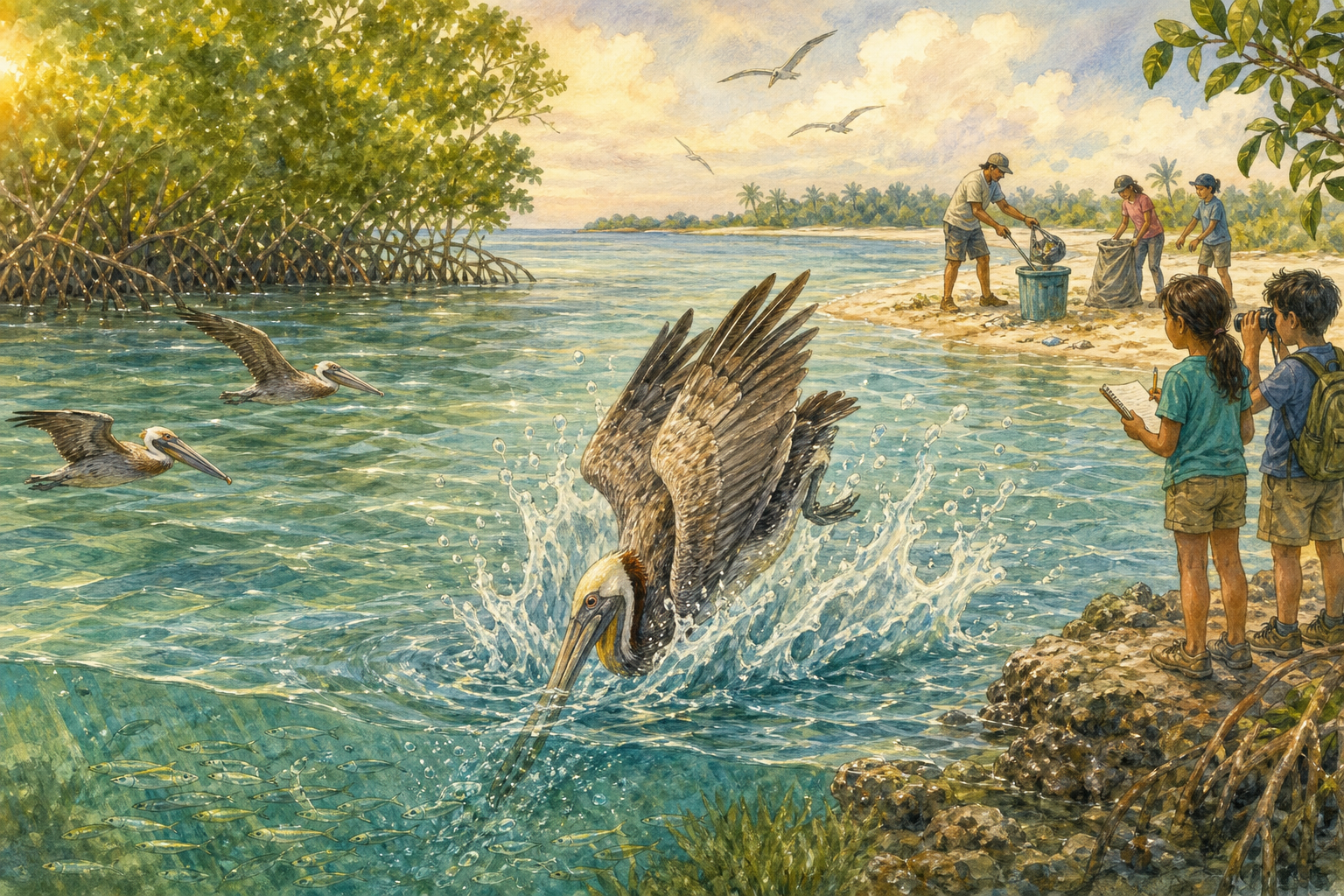 An editorial illustration celebrating the life and habitat of the brown pelican.