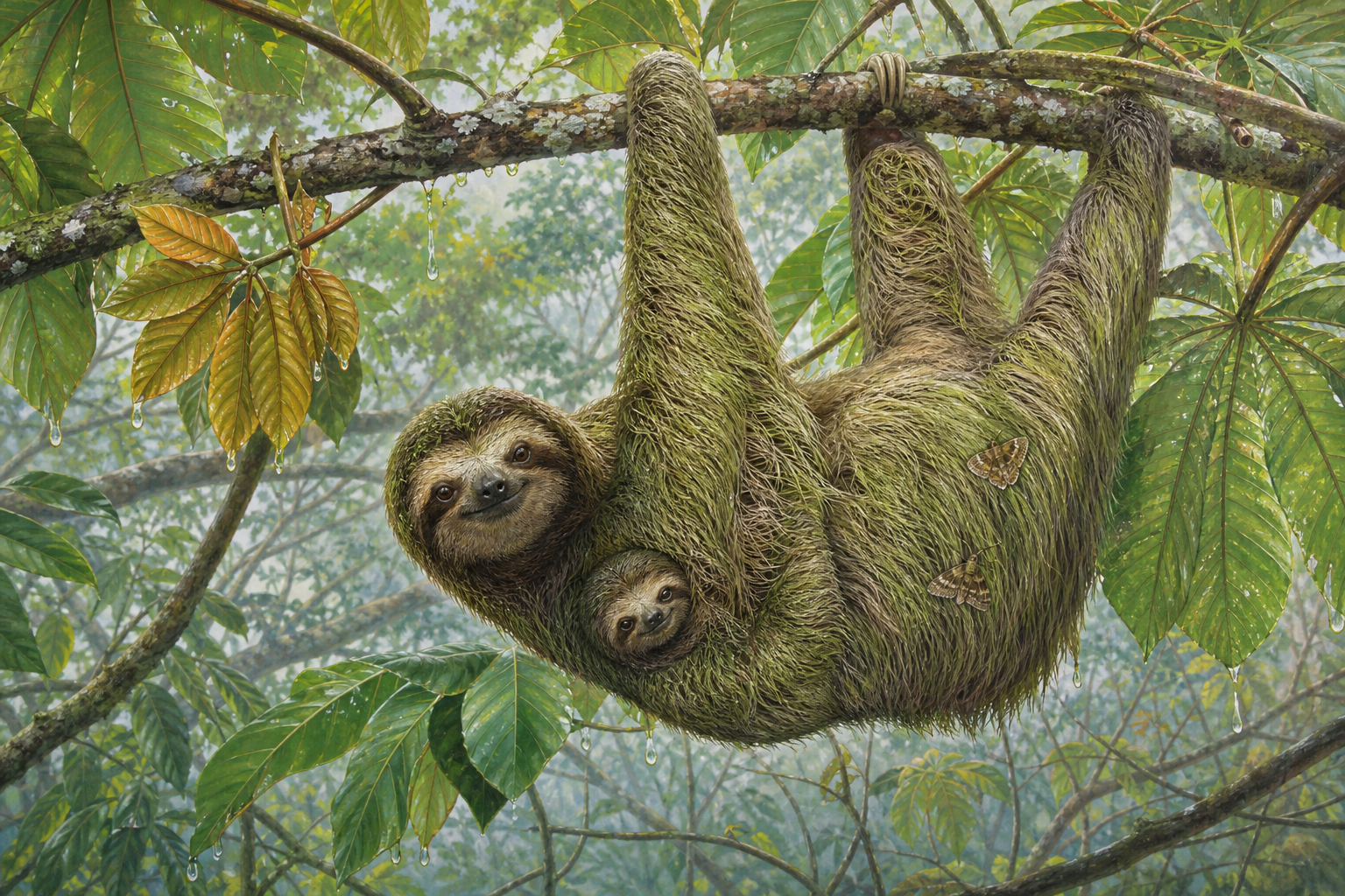 An editorial illustration celebrating the life and habitat of the brown-throated sloth.