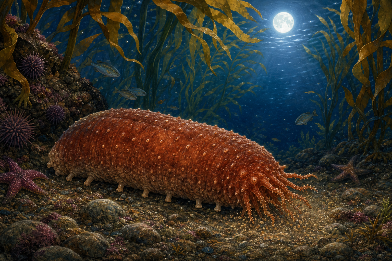 An editorial illustration celebrating the life and habitat of the california sea cucumber.