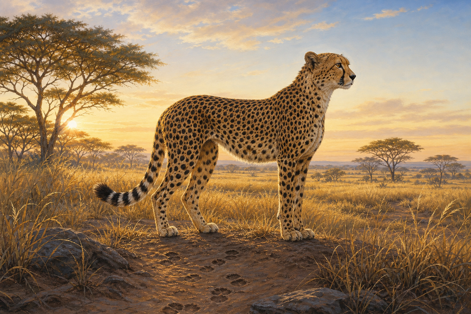 An editorial illustration celebrating the life and habitat of the cheetah.