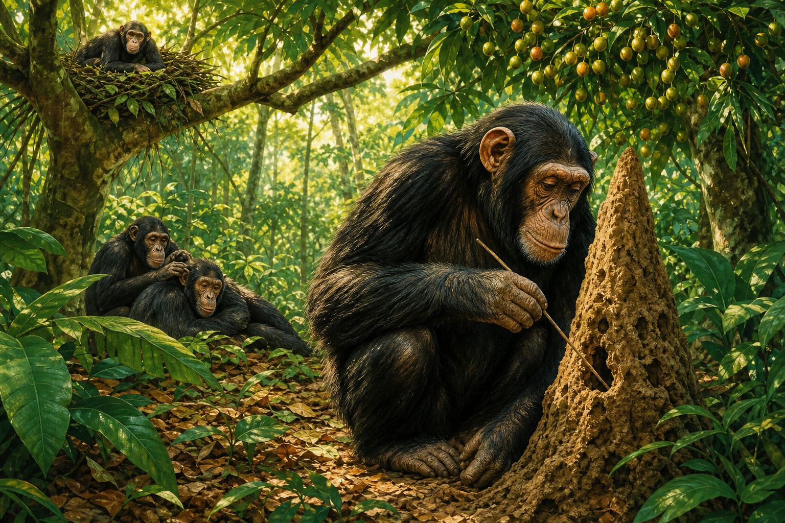 An editorial illustration celebrating the life and habitat of the chimpanzee.