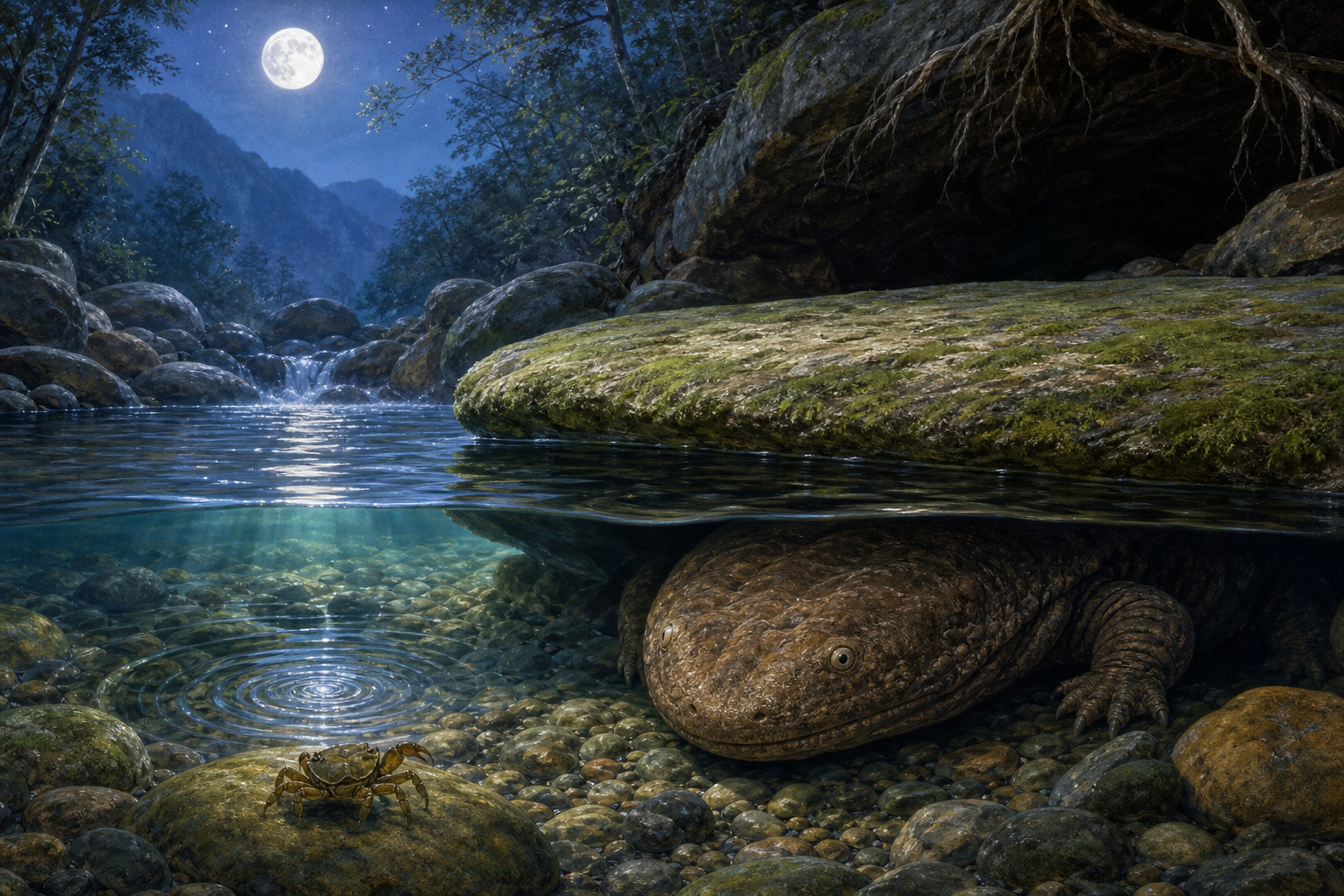 An editorial illustration celebrating the life and habitat of the chinese giant salamander.