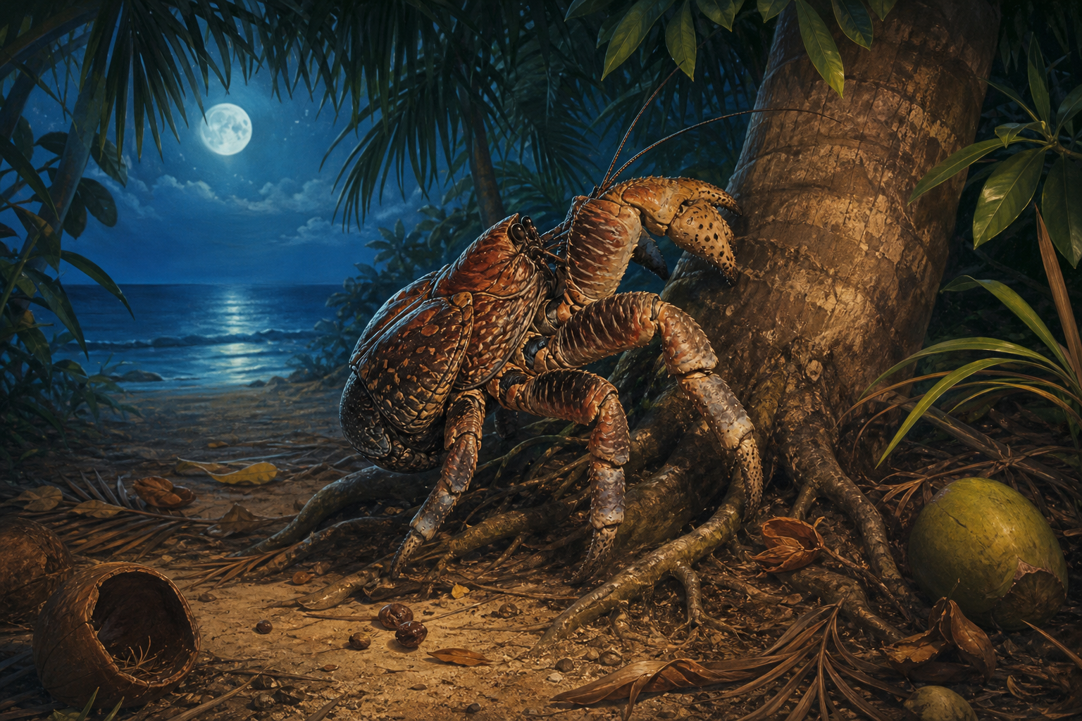 An editorial illustration celebrating the life and habitat of the coconut crab.