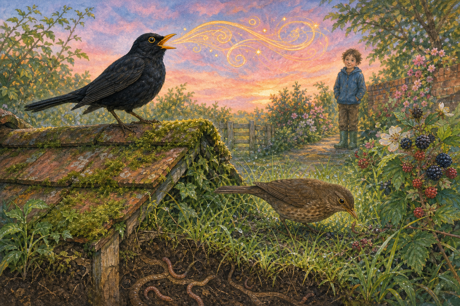 An editorial illustration celebrating the life and habitat of the common blackbird.
