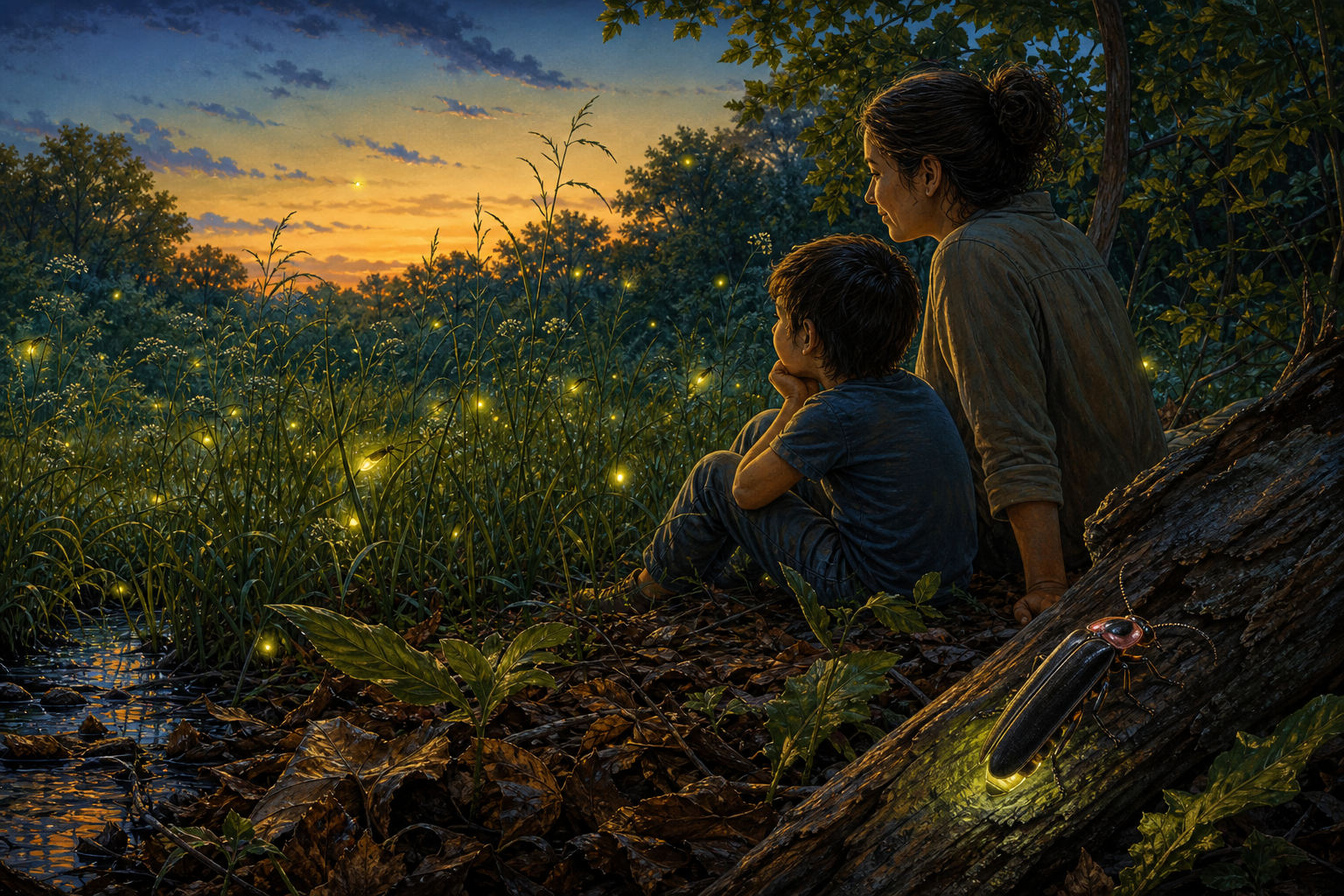 An editorial illustration celebrating the life and habitat of the common eastern firefly.