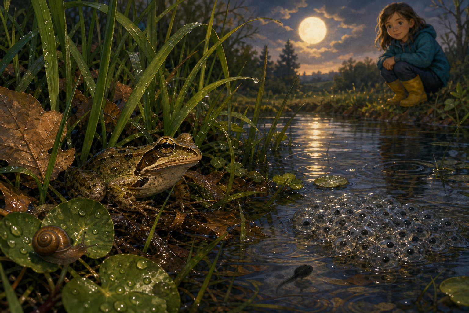 An editorial illustration celebrating the life and habitat of the common frog.