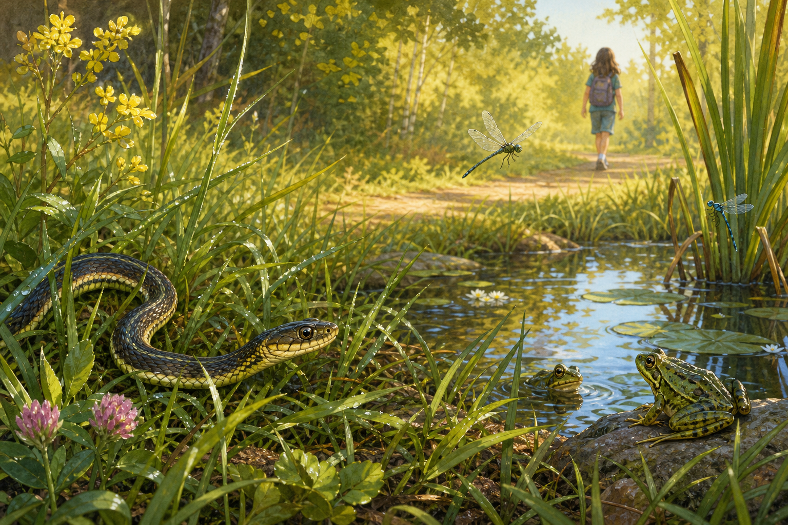 An editorial illustration celebrating the life and habitat of the common garter snake.