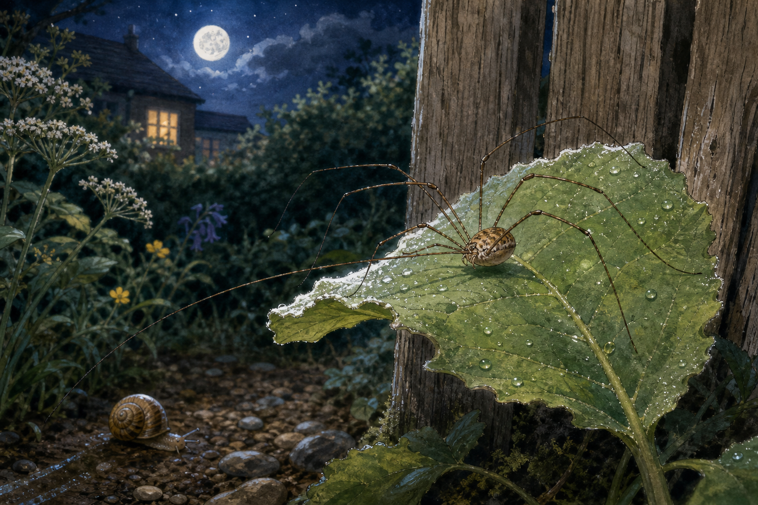 An editorial illustration celebrating the life and habitat of the common harvestman.