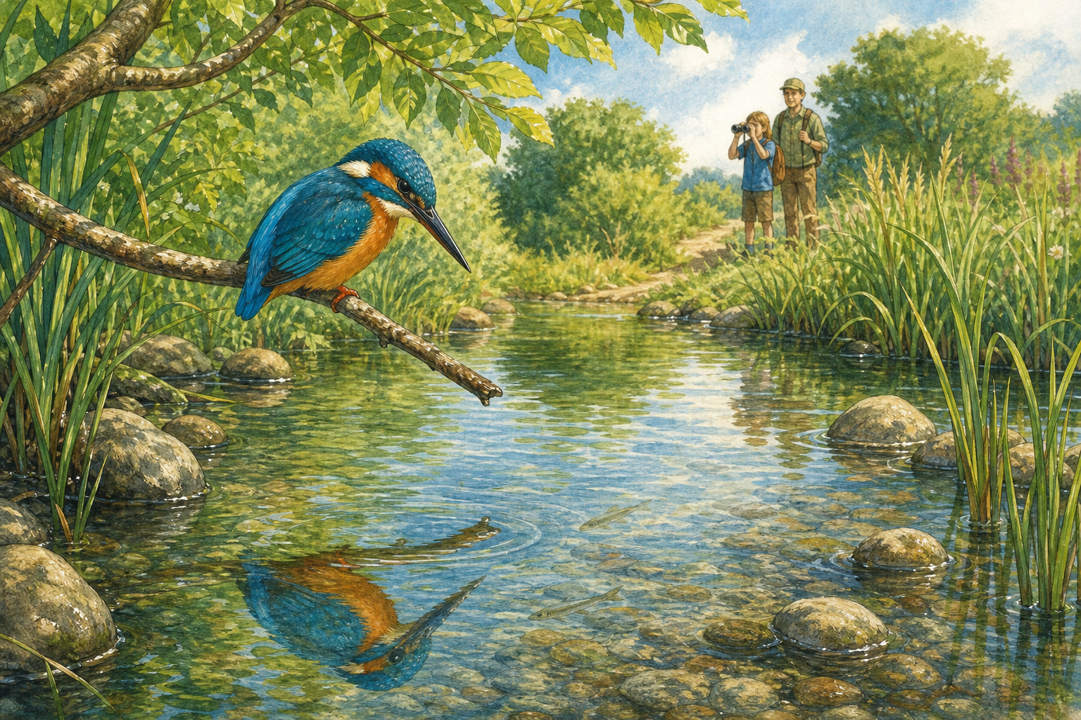 An editorial illustration celebrating the life and habitat of the common kingfisher.