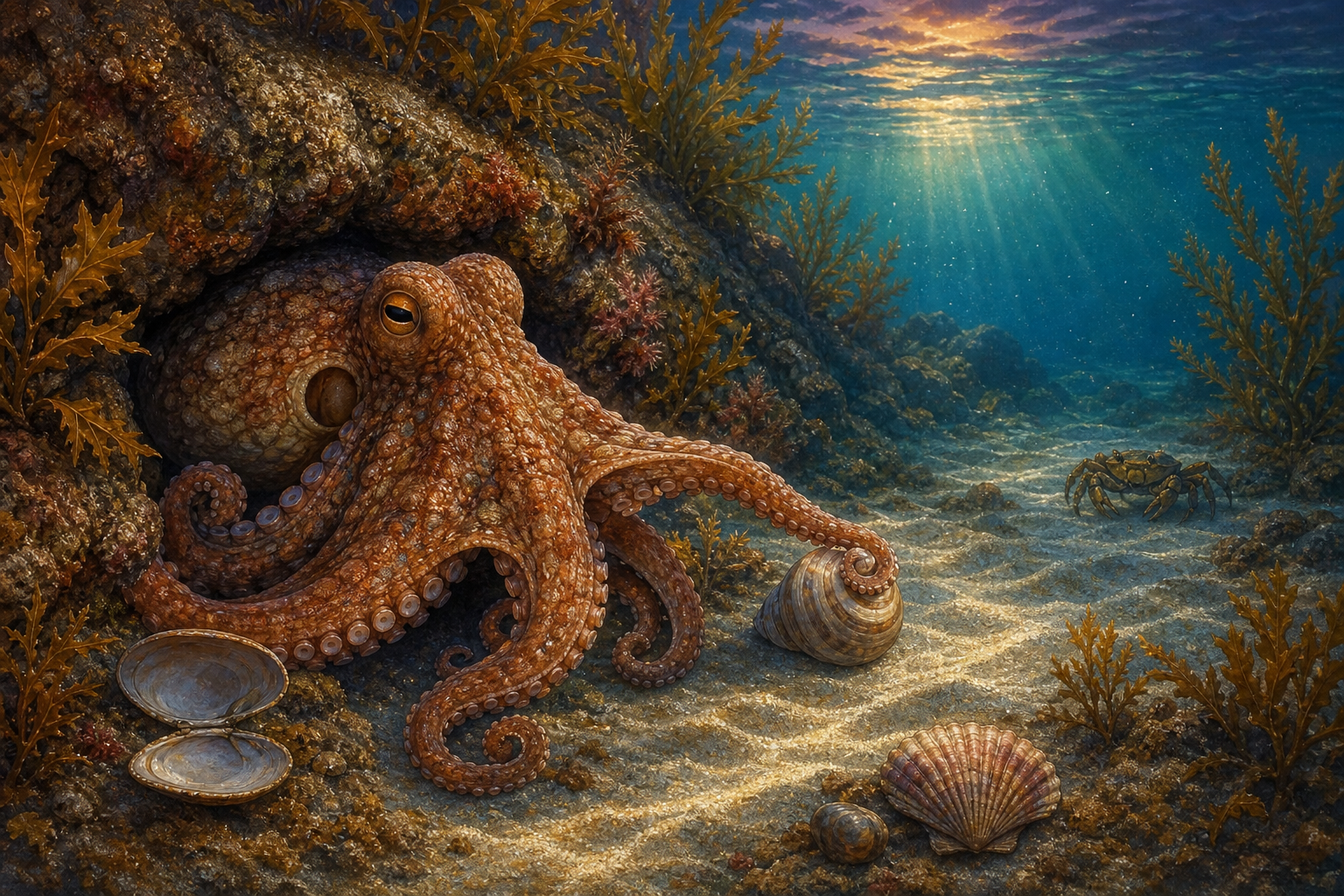 An editorial illustration celebrating the life and habitat of the common octopus.