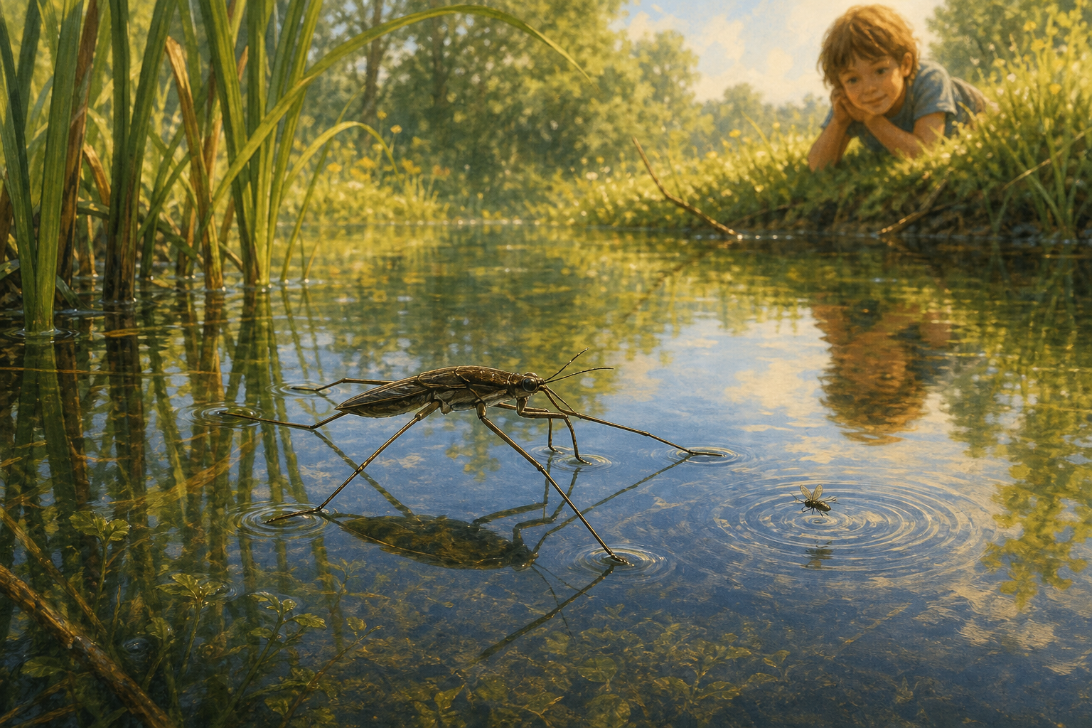 An editorial illustration celebrating the life and habitat of the common pond skater.