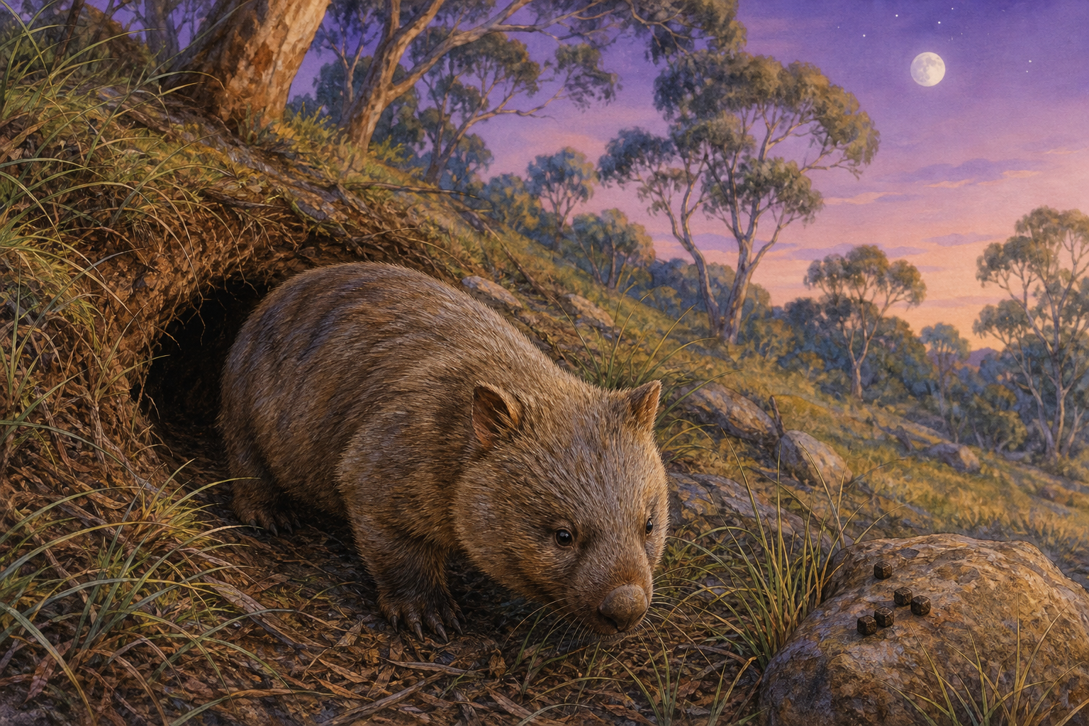 An editorial illustration celebrating the life and habitat of the common wombat.