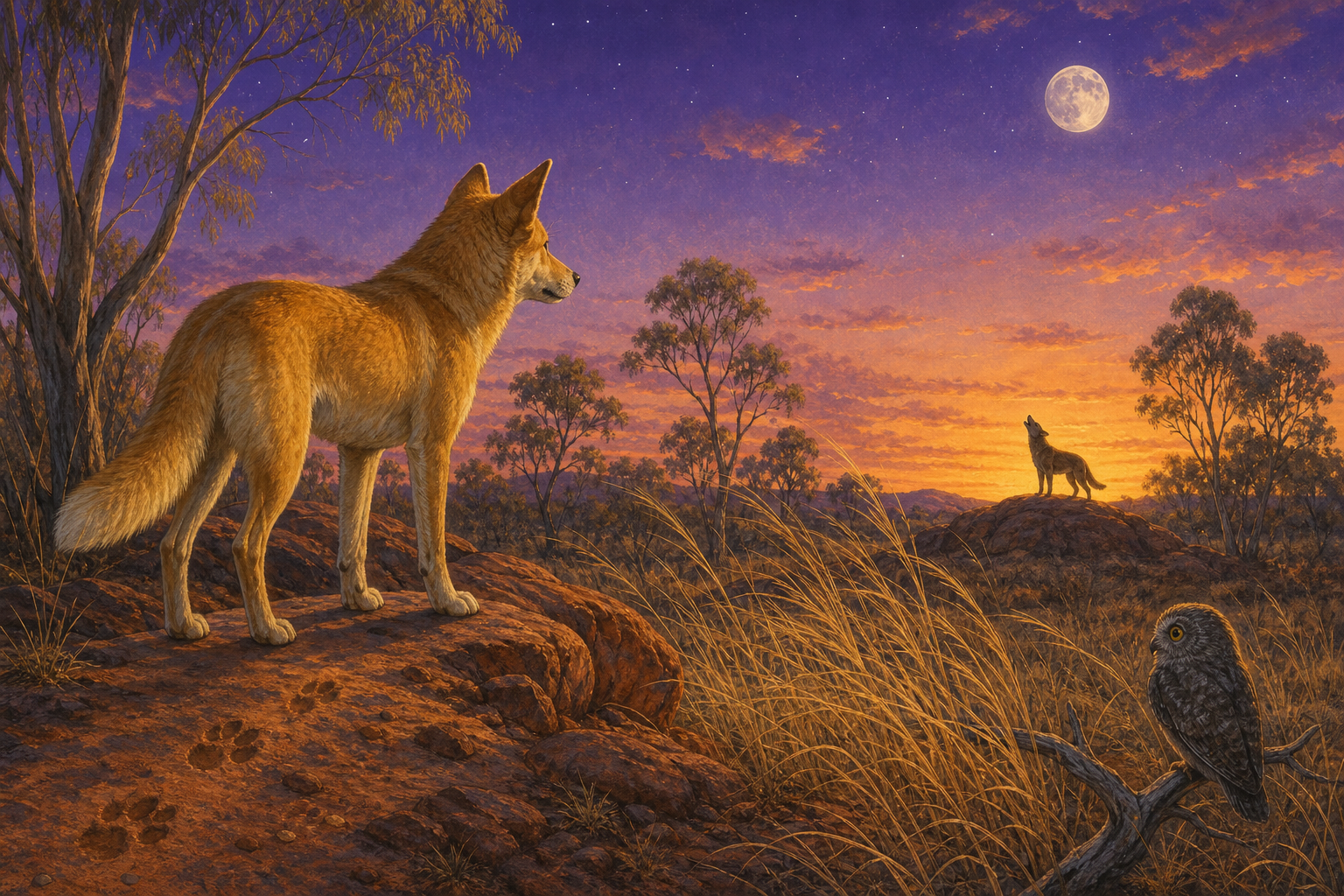 An editorial illustration celebrating the life and habitat of the dingo.
