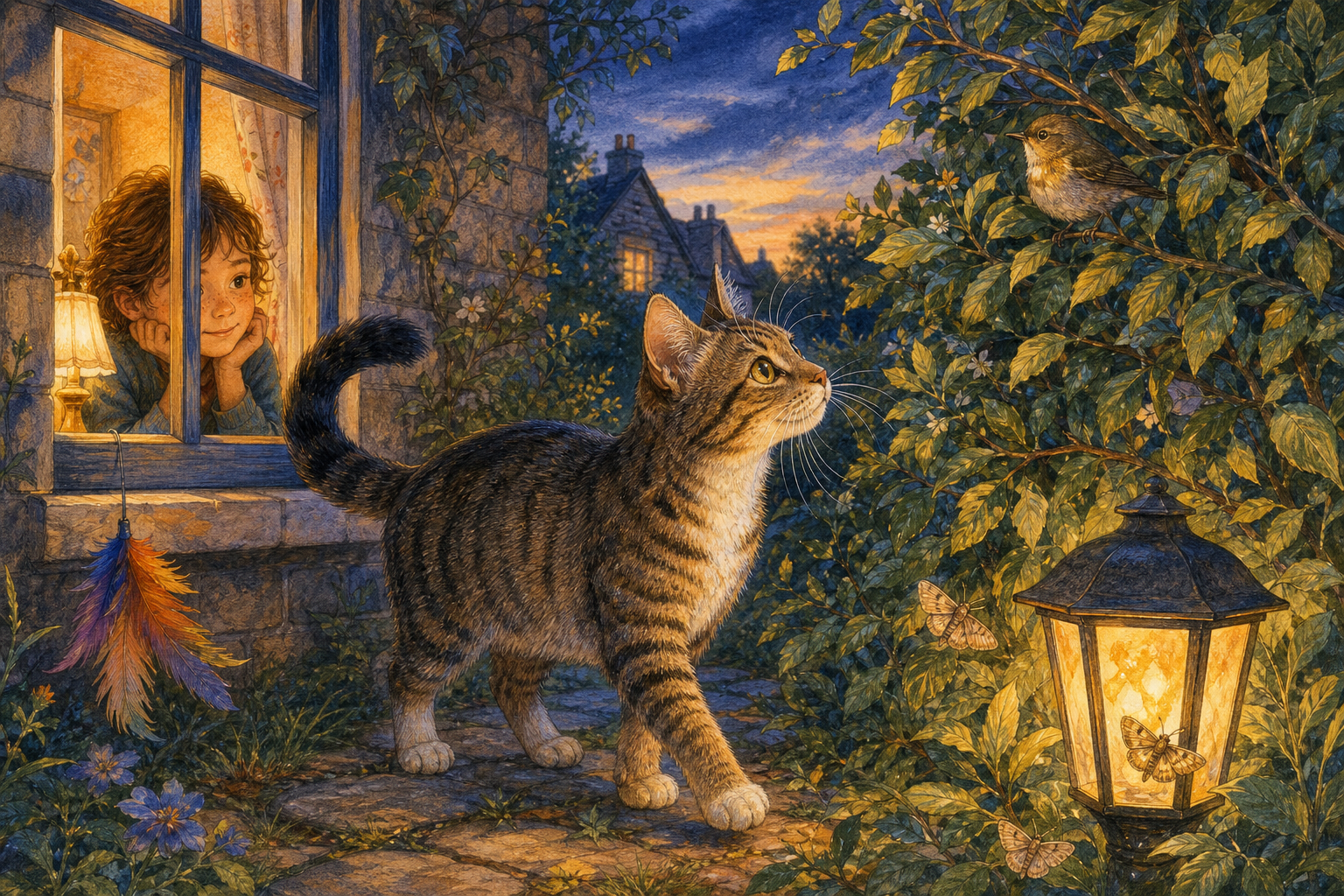 An editorial illustration celebrating the life and habitat of the domestic cat.