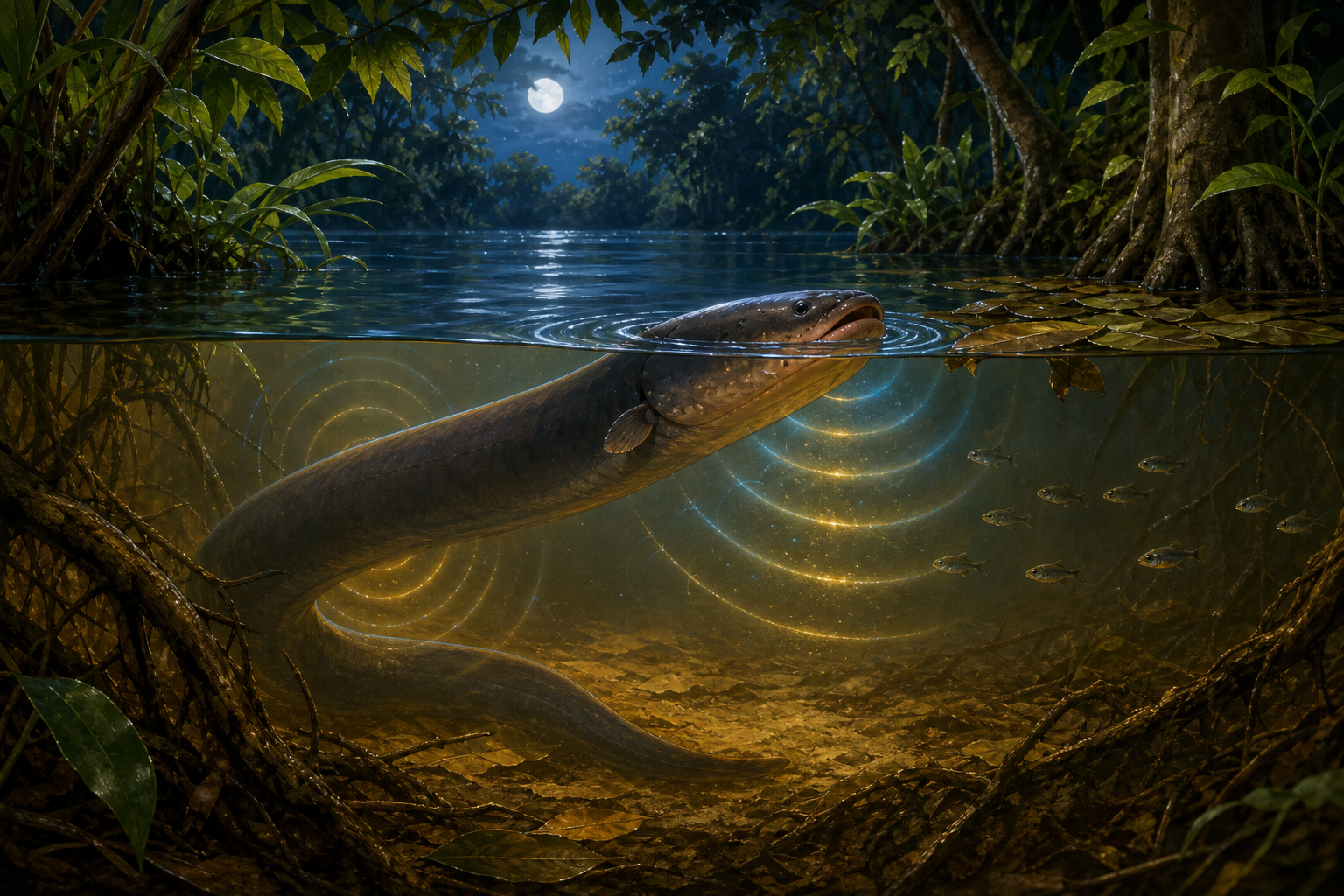 An editorial illustration celebrating the life and habitat of the electric eel.
