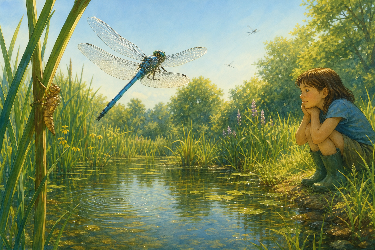 An editorial illustration celebrating the life and habitat of the emperor dragonfly.
