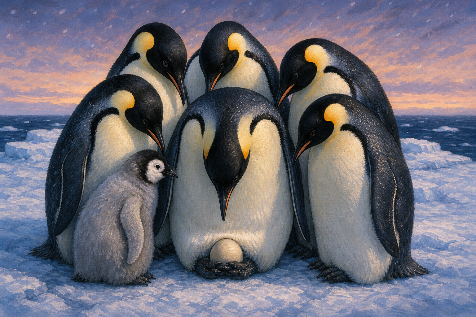 An editorial illustration celebrating the life and habitat of the emperor penguin.