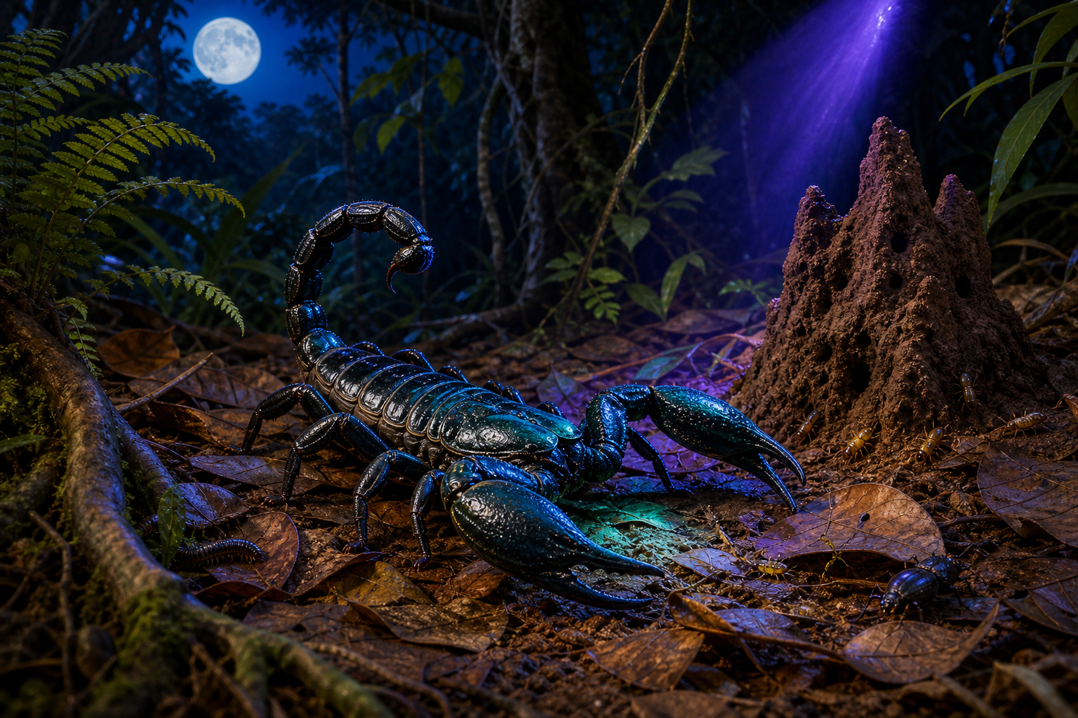 An editorial illustration celebrating the life and habitat of the emperor scorpion.