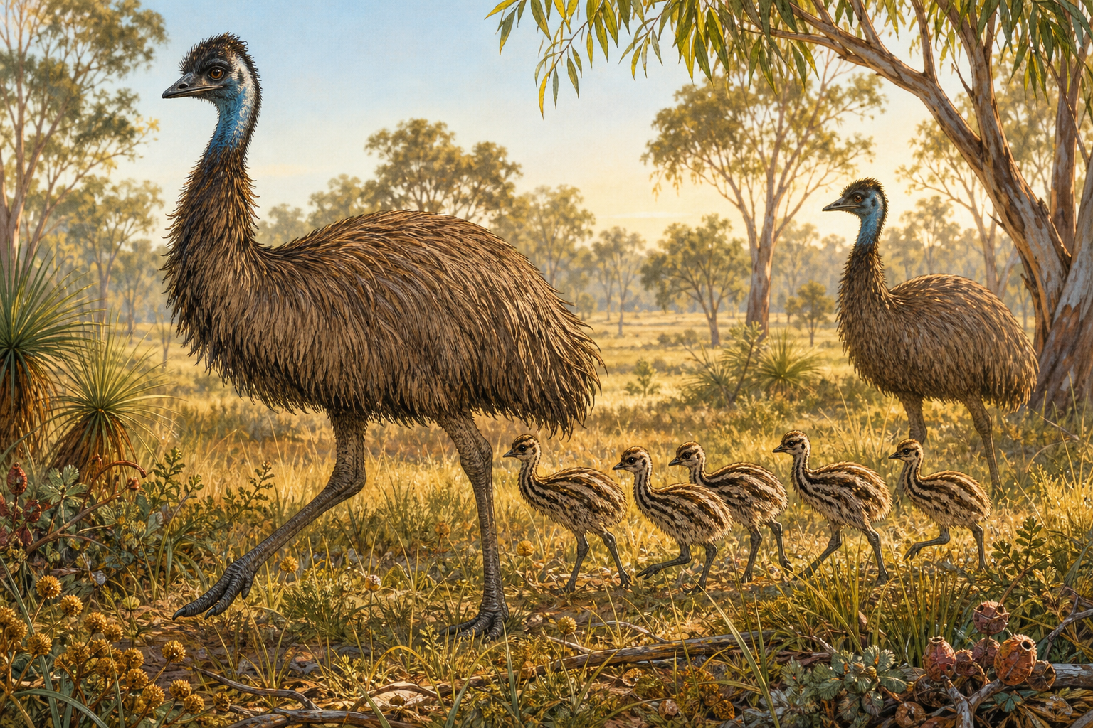 An editorial illustration celebrating the life and habitat of the emu.