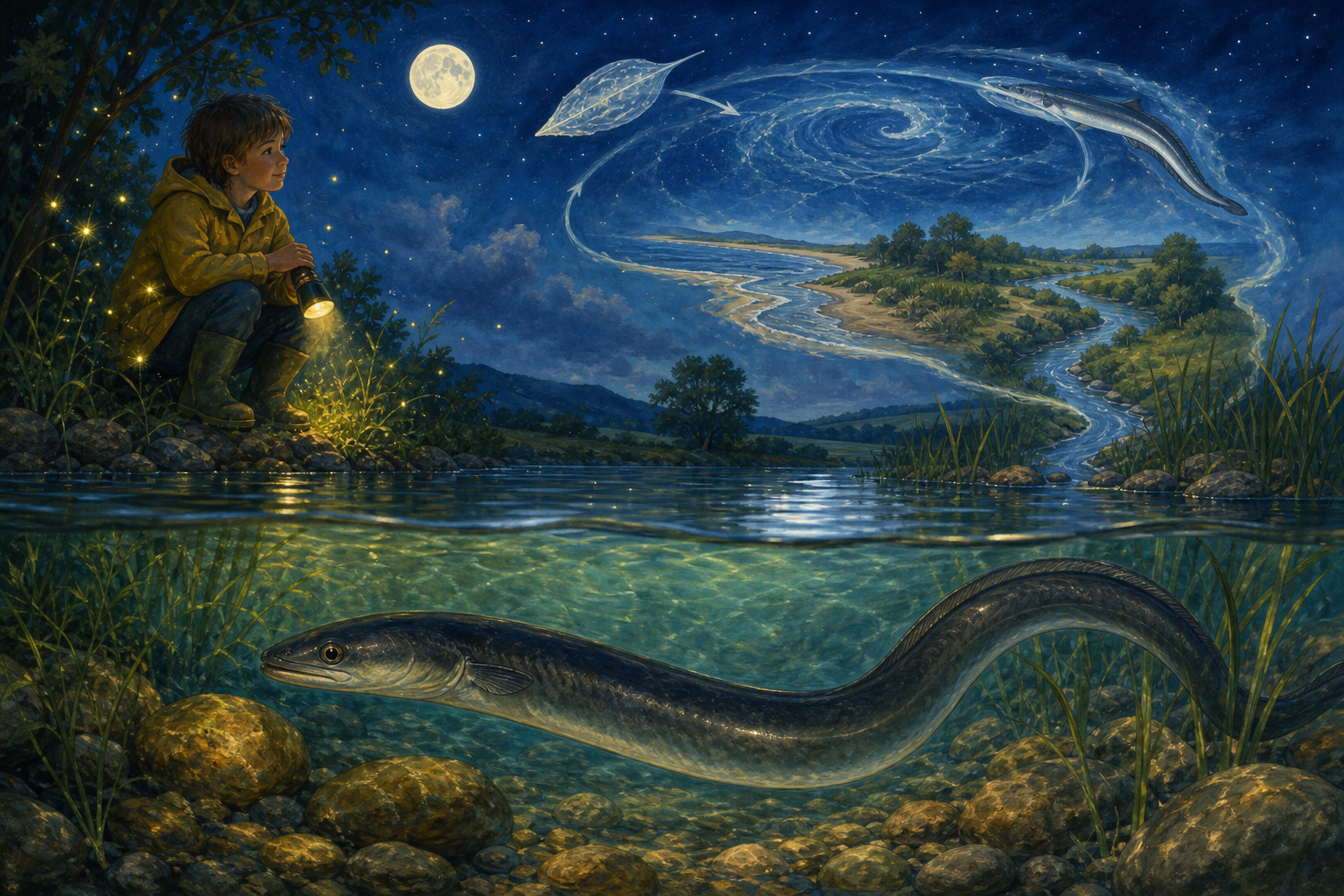 An editorial illustration celebrating the life and habitat of the european eel.