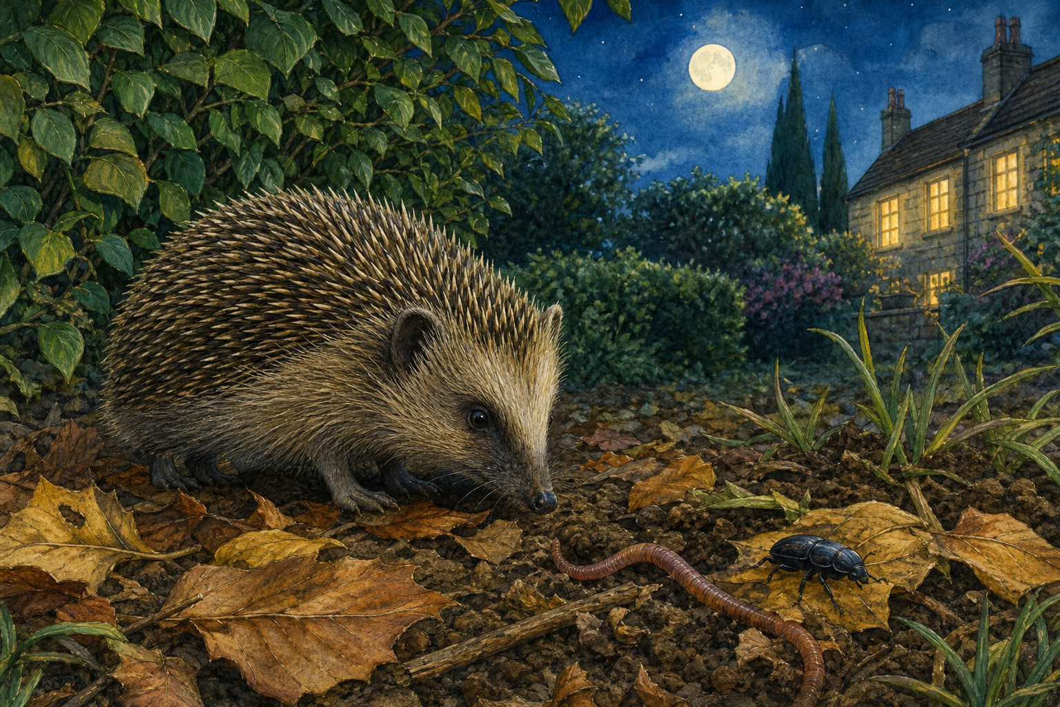 An editorial illustration celebrating the life and habitat of the european hedgehog.