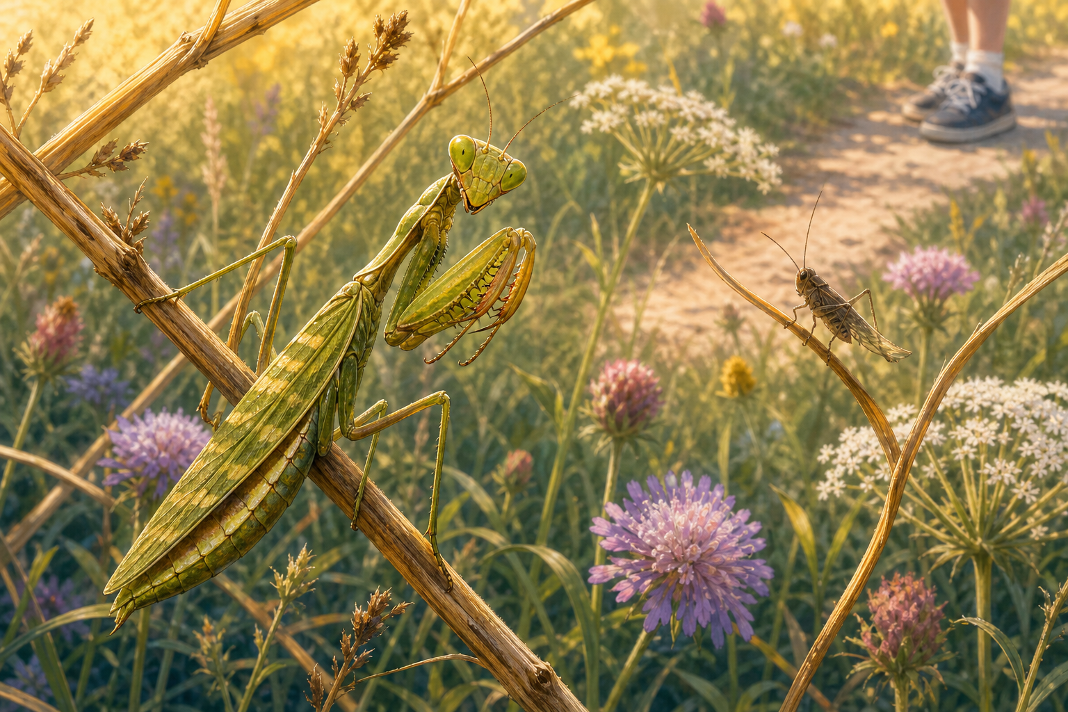 An editorial illustration celebrating the life and habitat of the european mantis.