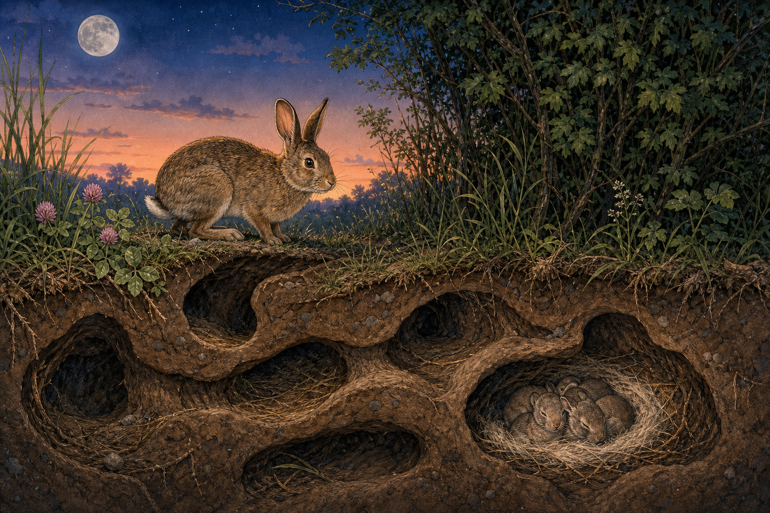 An editorial illustration celebrating the life and habitat of the european rabbit.
