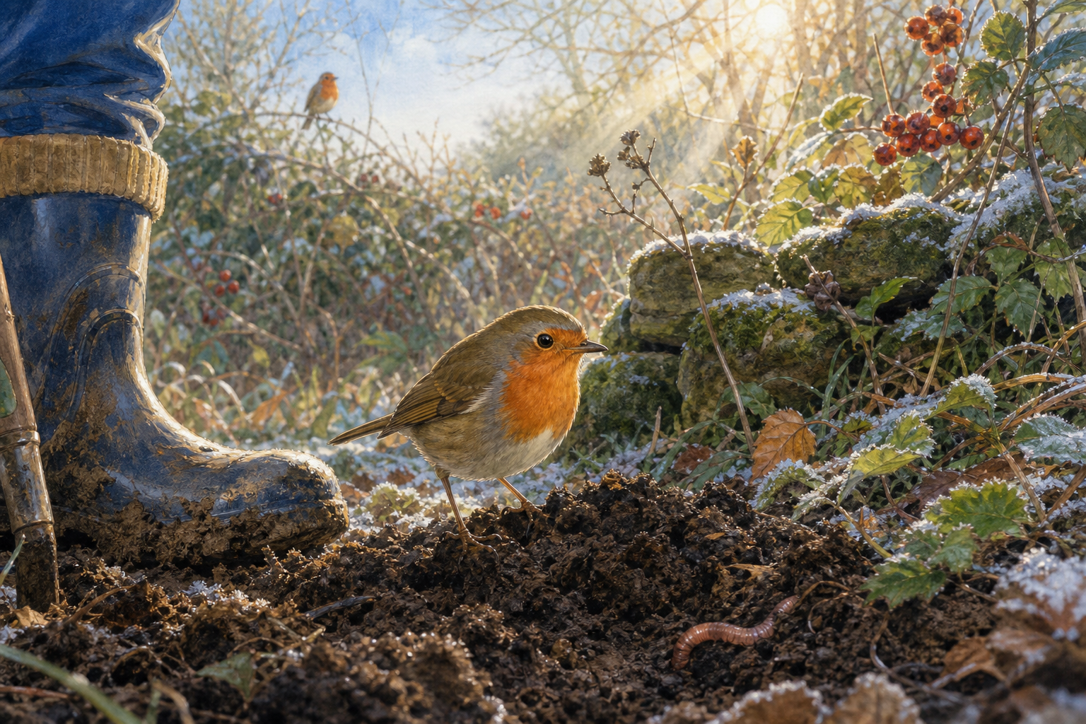An editorial illustration celebrating the life and habitat of the european robin.